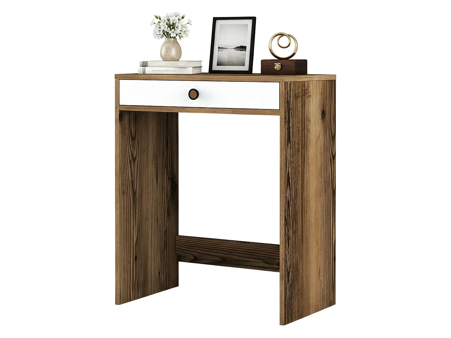 Console Solstice, Table polyvalente, Armoire de rangement, Bureau du couloir, 70x85 h40 cm, Noyer et Blanc