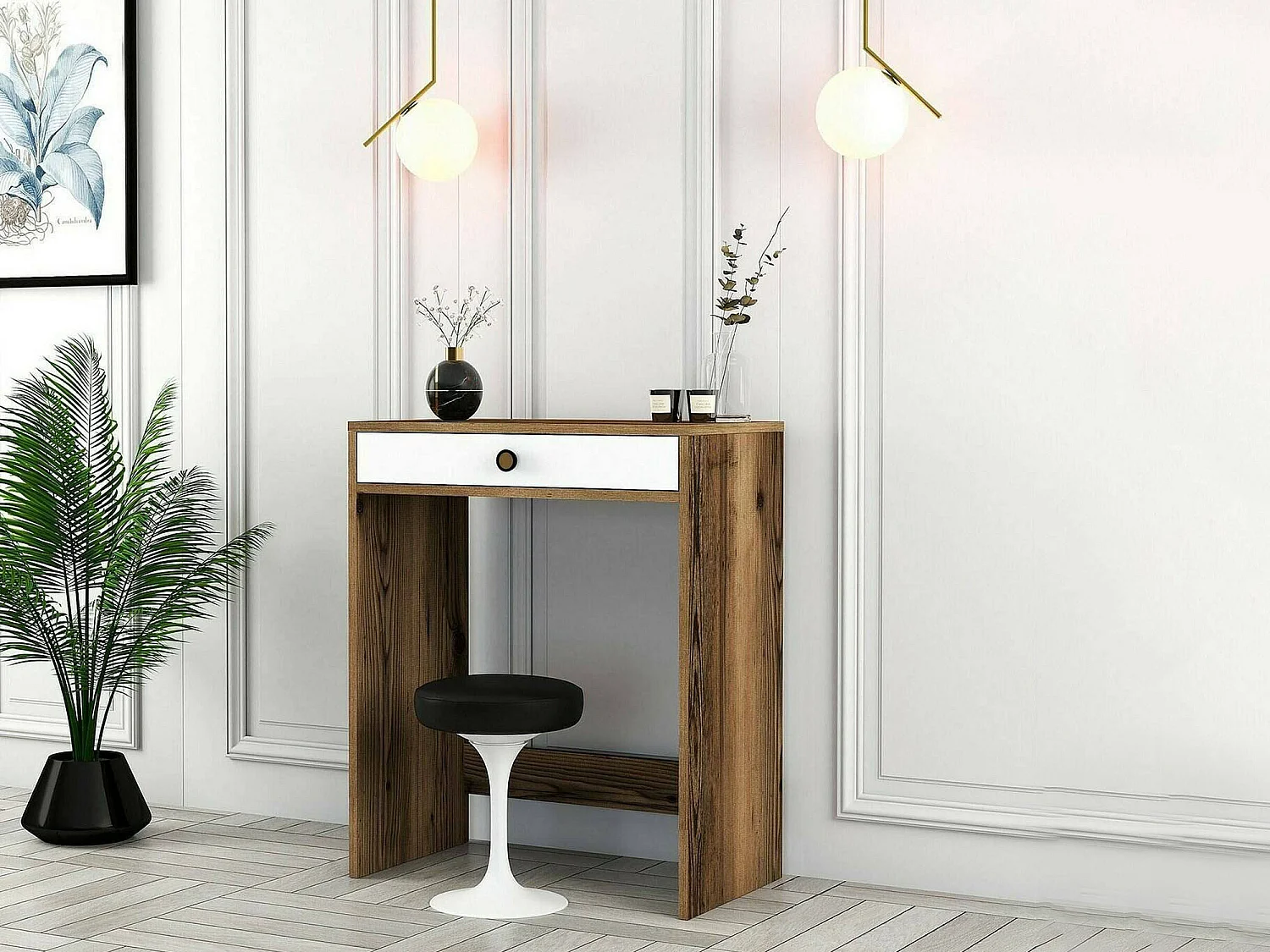 Consola Dpillo, Mesa multiusos, Gabinete de soporte, Escritorio de pasillo, 70x85 h40 cm, Nogal y Blanco