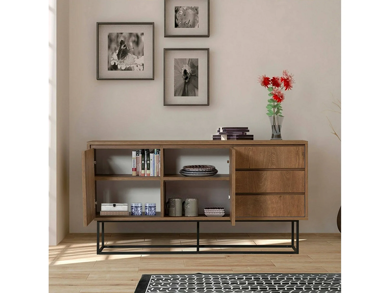 Console Alsafi, Table polyvalente, Armoire de rangement, Bureau du couloir, 140x36 h72 cm, Noyer et Noir