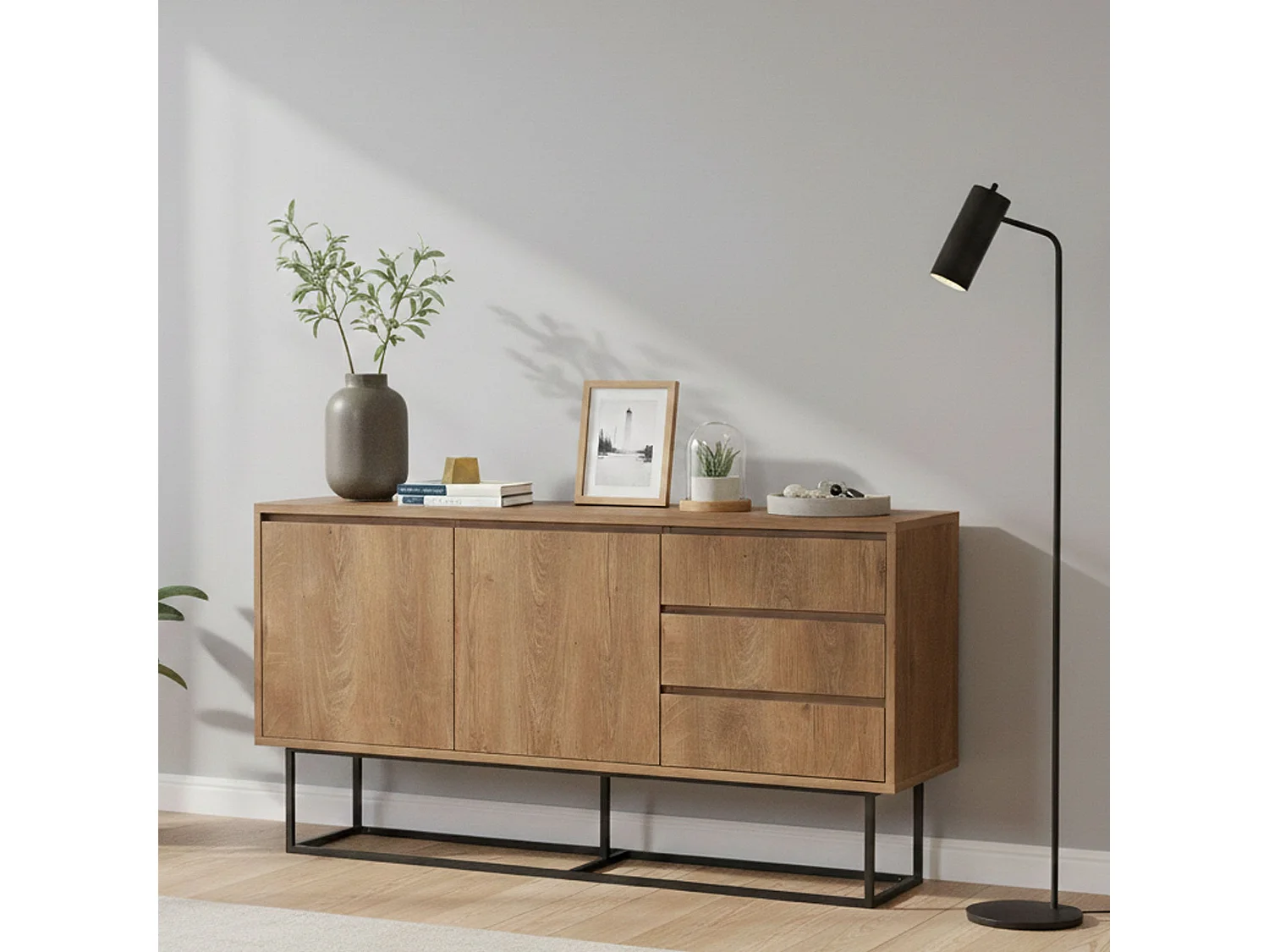 Console Alsafi, Table polyvalente, Armoire de rangement, Bureau du couloir, 140x36 h72 cm, Noyer et Noir