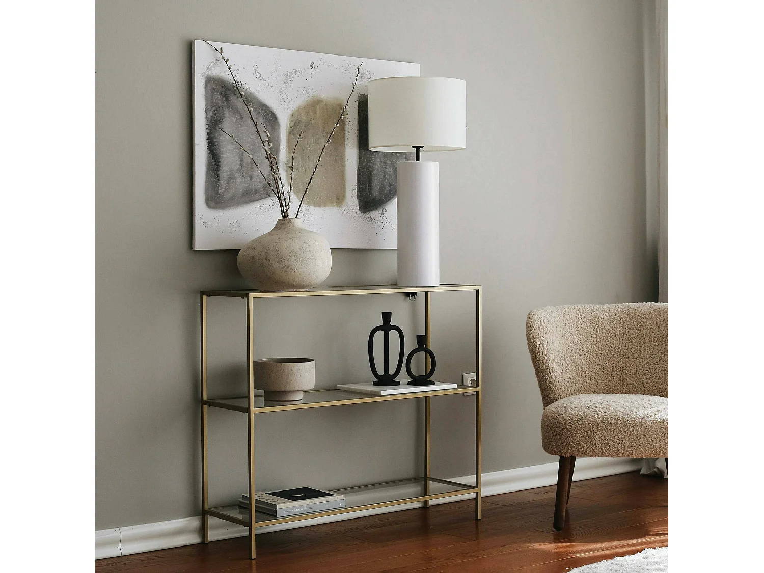 Console Elara, Table polyvalente, Armoire de rangement, Bureau du couloir, 100x30 h85 cm, Or