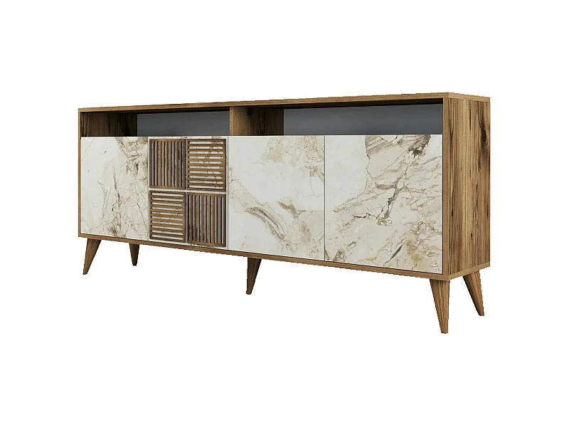 Fernsehschrank Dpogg, Ständer für Wohnzimmerfernseher, Niedriges Wohnzimmer-Sideboard, TV-Ständerbasis, 180x35 h79 cm, Nussbaum und Weißer Marmor