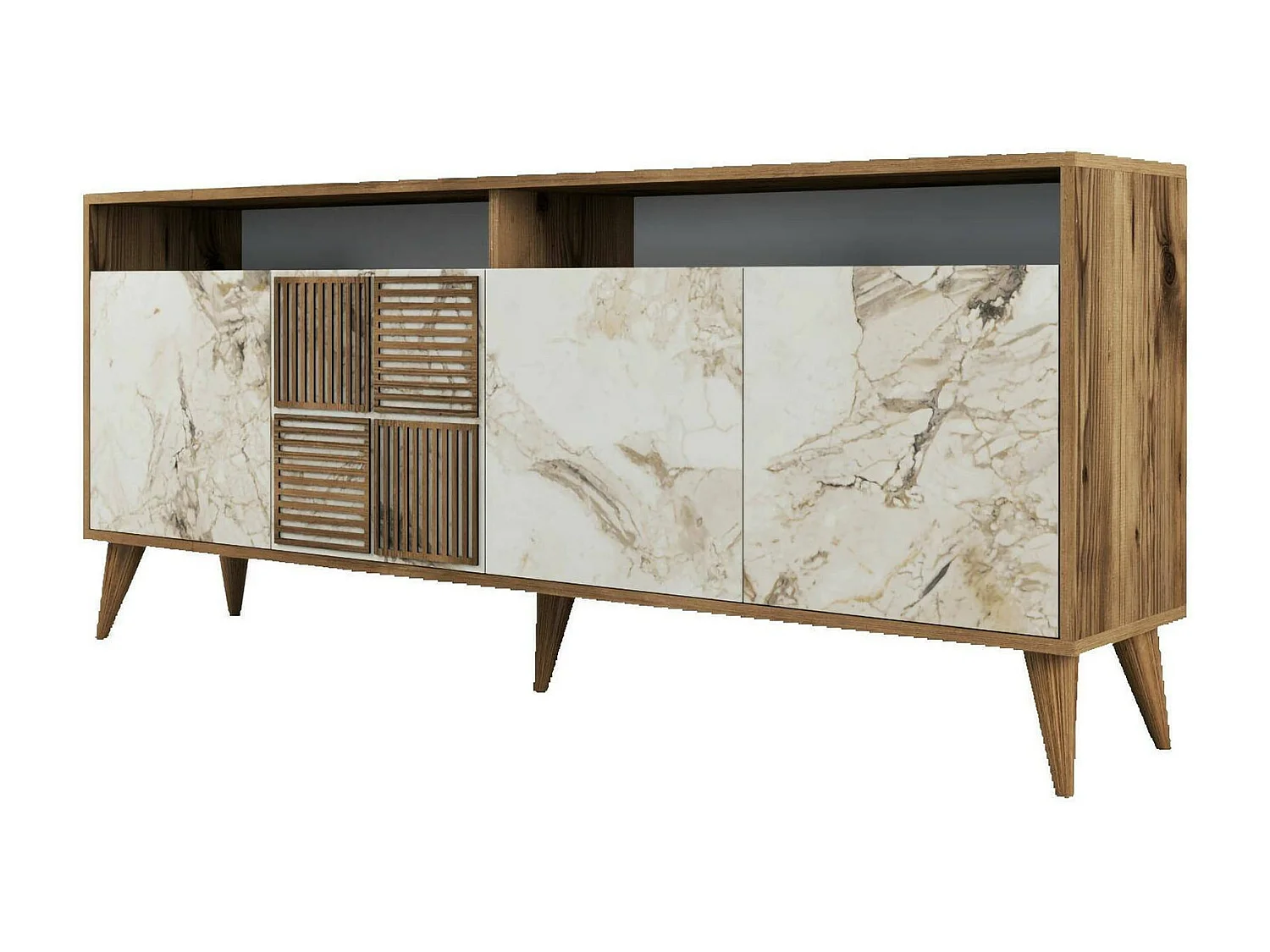 Meuble TV Virgo, Buffet de salon, Armoire basse pour TV, Base murale de rangement, 180x35 h79 cm, Noyer et Marbre Blanc