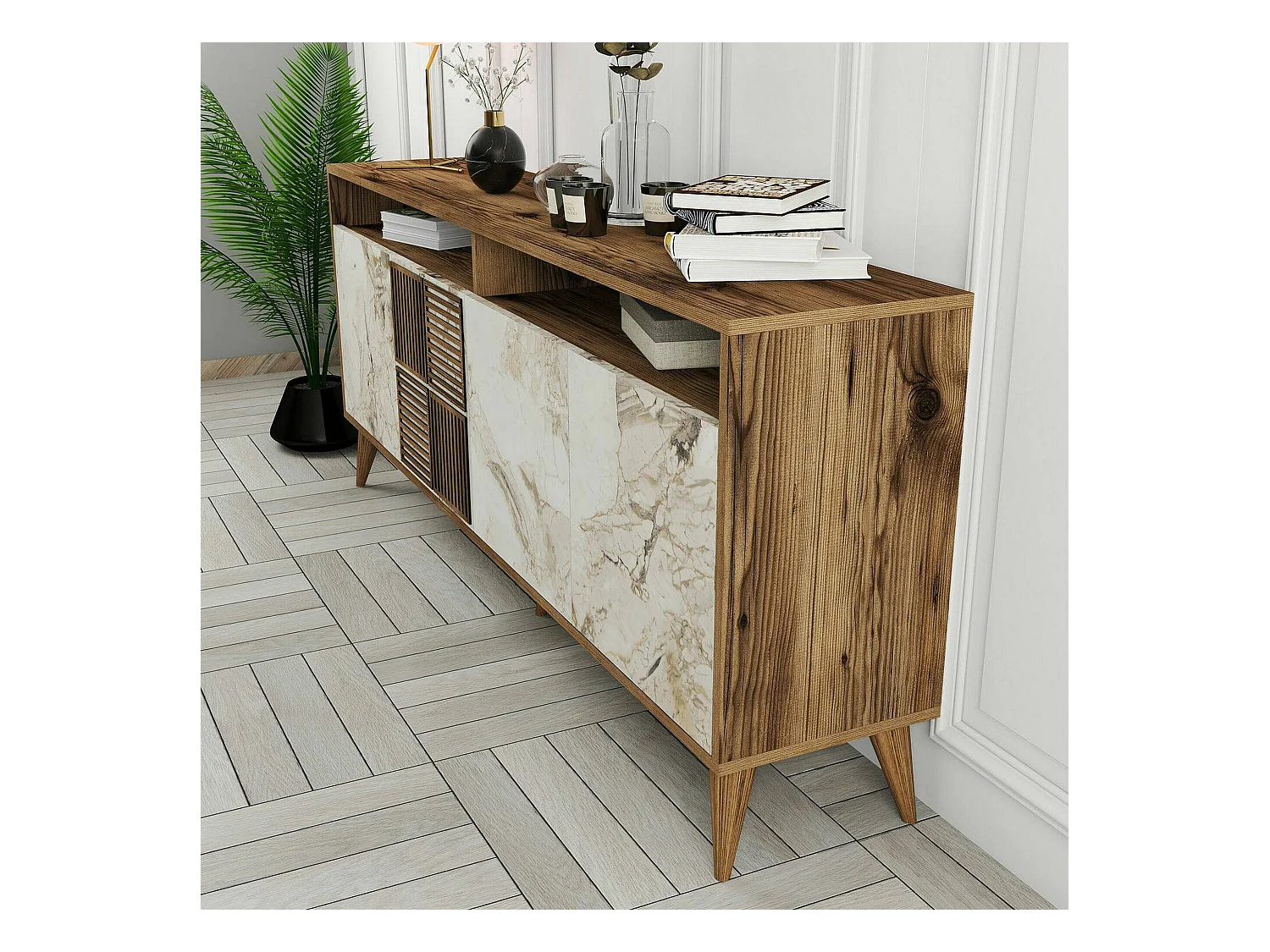 Meuble TV Virgo, Buffet de salon, Armoire basse pour TV, Base murale de rangement, 180x35 h79 cm, Noyer et Marbre Blanc