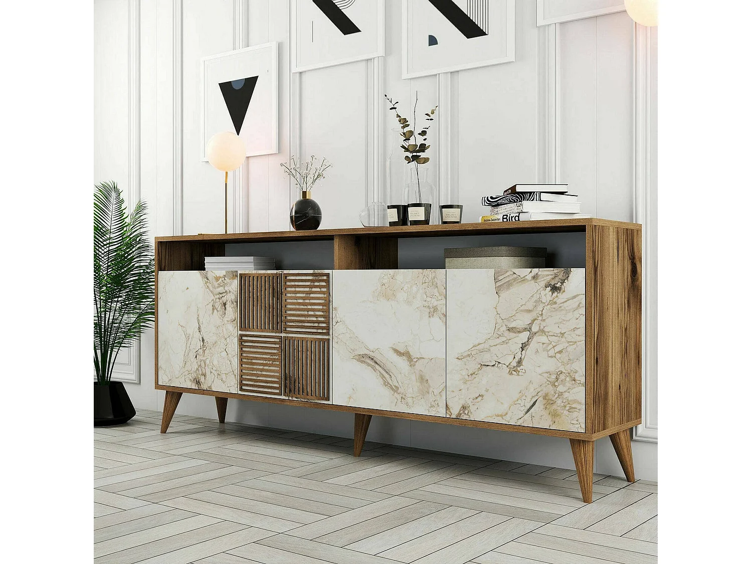 Mueble de televisión Dpogg, Aparador de salón, Mueble bajo para TV, Base de pared equipada, 180x35 h79 cm, Nogal y Mármol Blanco