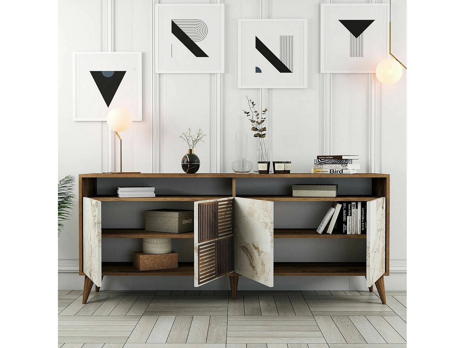 Meuble TV Virgo, Buffet de salon, Armoire basse pour TV, Base murale de rangement, 180x35 h79 cm, Noyer et Marbre Blanc