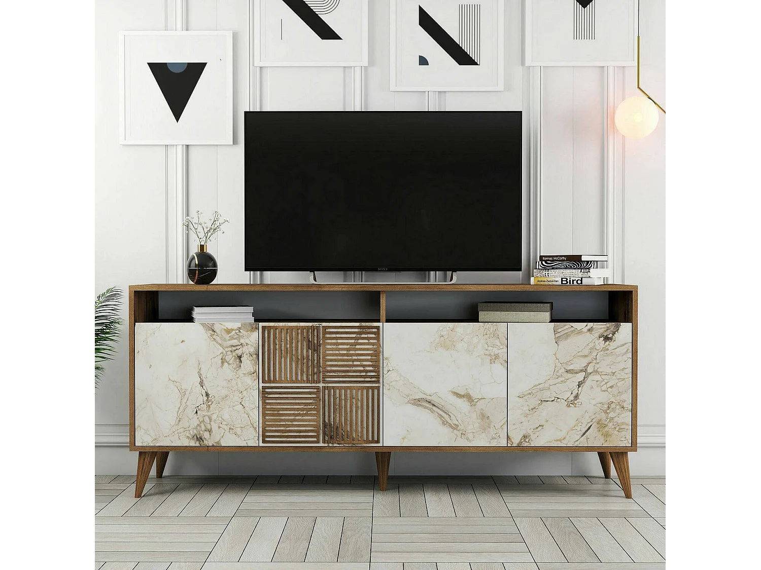 Meuble TV Virgo, Buffet de salon, Armoire basse pour TV, Base murale de rangement, 180x35 h79 cm, Noyer et Marbre Blanc