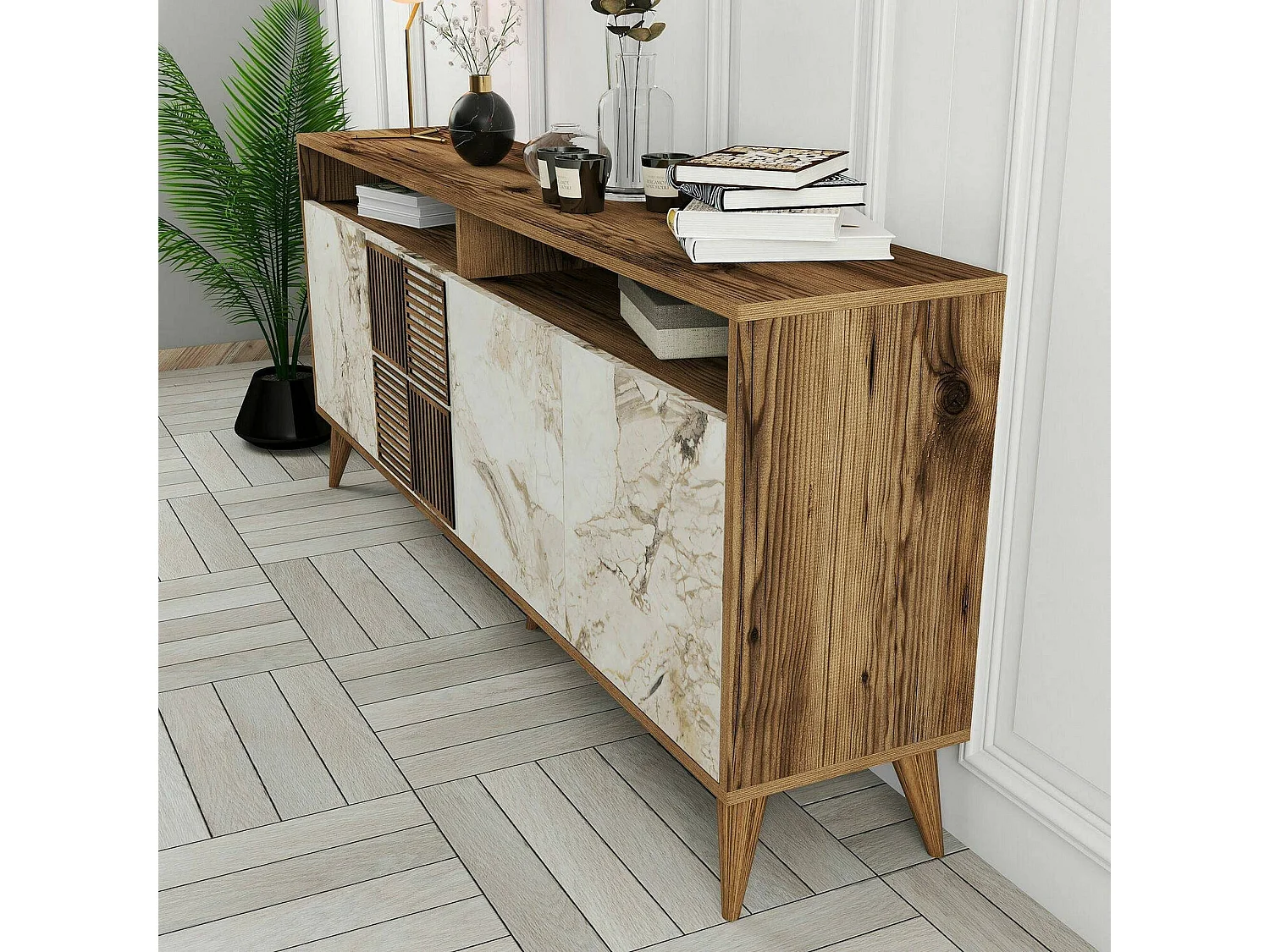 Meuble TV Virgo, Buffet de salon, Armoire basse pour TV, Base murale de rangement, 180x35 h79 cm, Noyer et Marbre Blanc