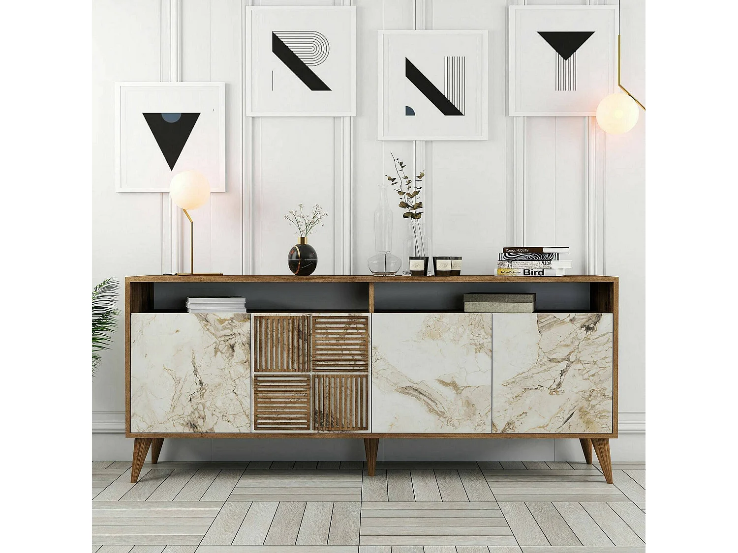 Meuble TV Virgo, Buffet de salon, Armoire basse pour TV, Base murale de rangement, 180x35 h79 cm, Noyer et Marbre Blanc