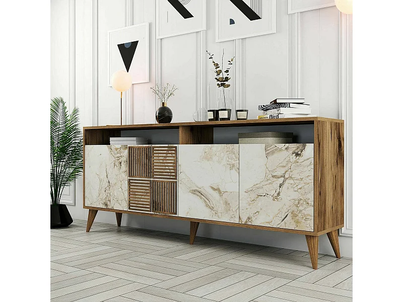 Armário de TV Dpogg, Aparador de sala, Armário de TV baixo, Base de parede equipada, 180x35 h79 cm, Mármore de nogueira e branco