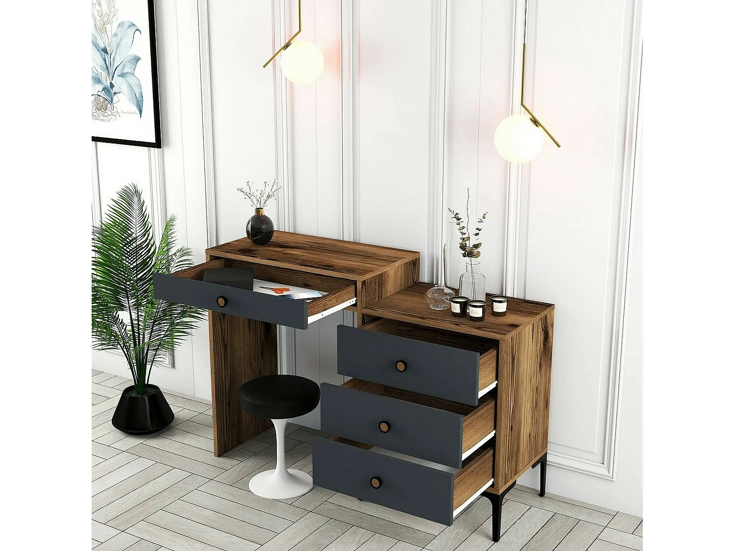 Console Lyra, Table polyvalente, Armoire de rangement, Bureau du couloir, 124x40 h85 cm, Noyer et Anthracite