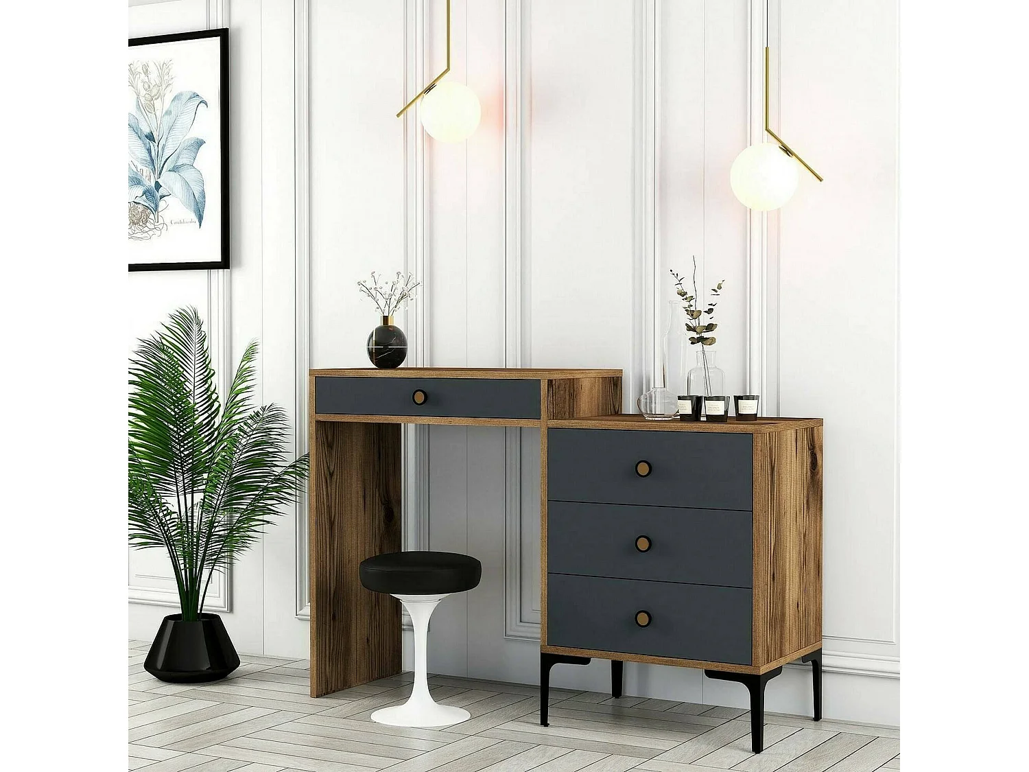 Consola Dmuntean, Mesa multiusos, Gabinete de soporte, Escritorio de pasillo, 124x40 h85 cm, Nogal y Antracita