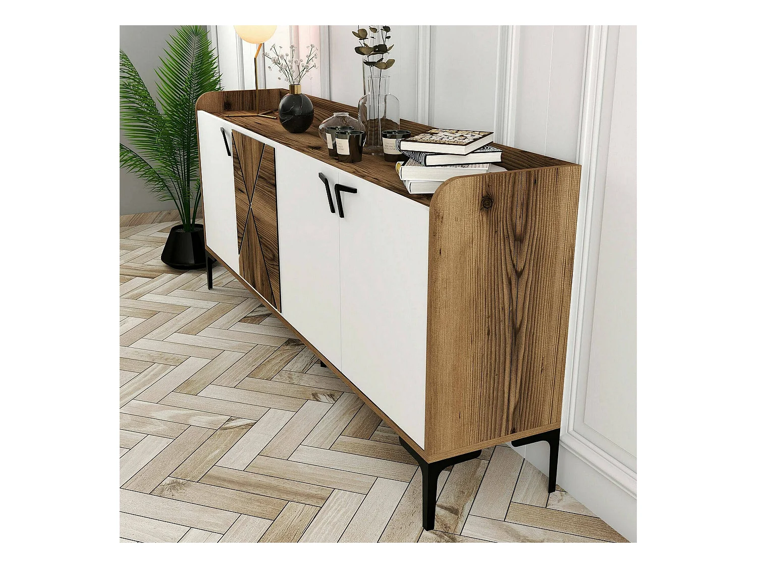 Meuble TV Deneb, Buffet de salon, Armoire basse pour TV, Base murale de rangement, 180x35 h78 cm, Noyer et Blanc