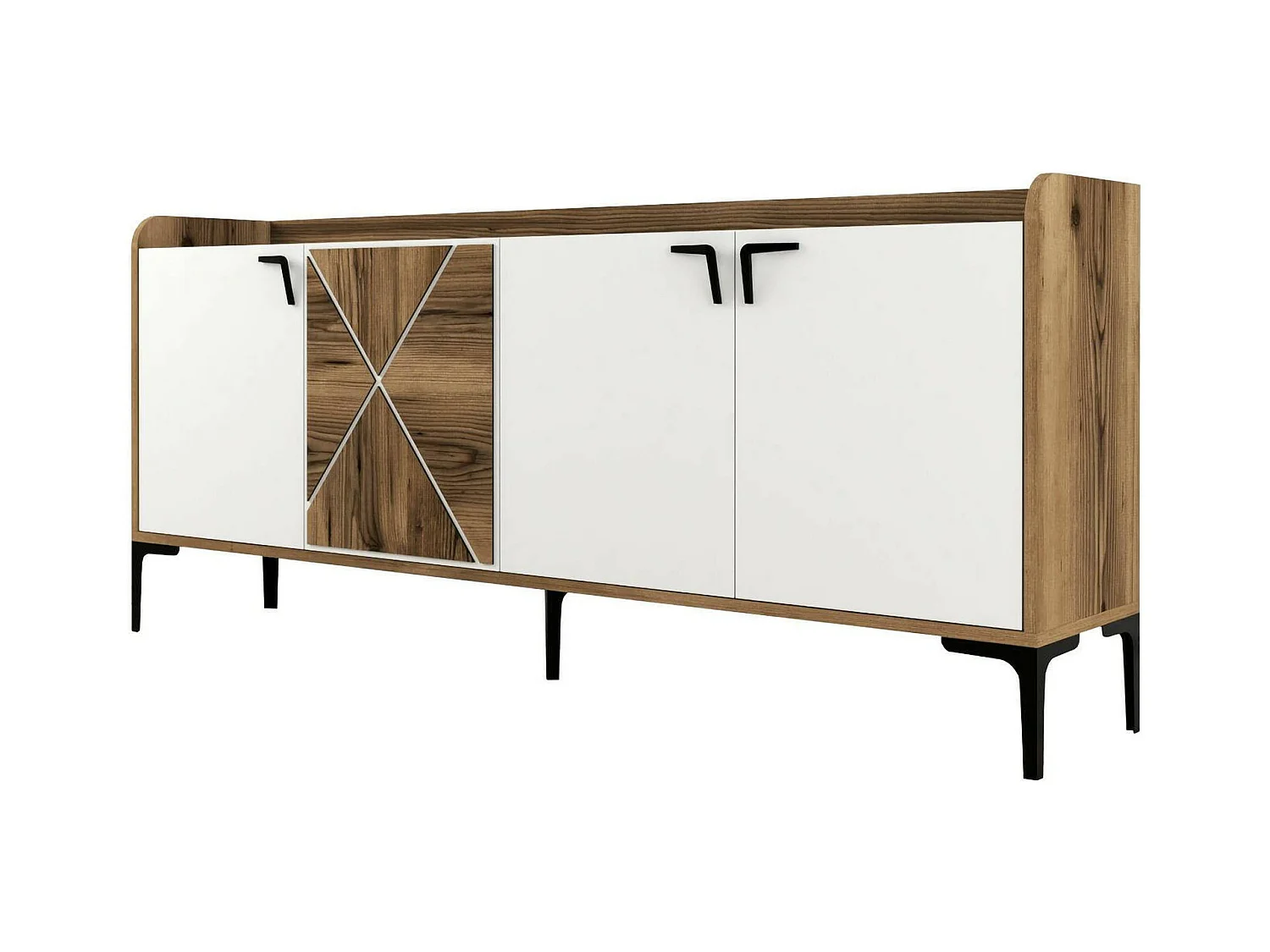 Meuble TV Deneb, Buffet de salon, Armoire basse pour TV, Base murale de rangement, 180x35 h78 cm, Noyer et Blanc