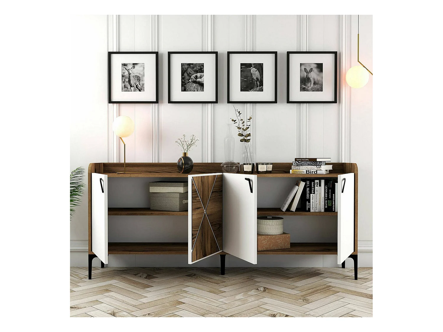 Meuble TV Deneb, Buffet de salon, Armoire basse pour TV, Base murale de rangement, 180x35 h78 cm, Noyer et Blanc