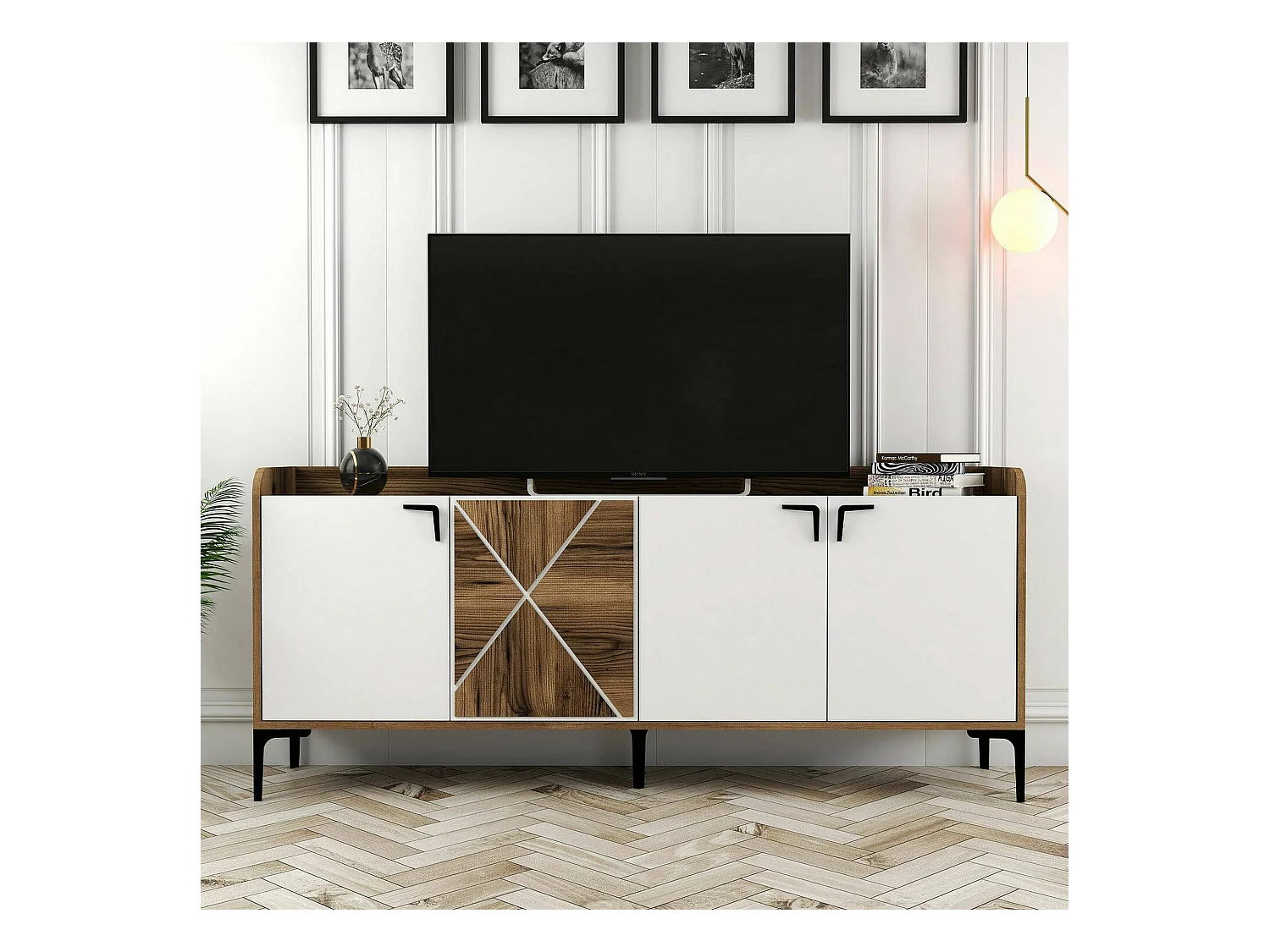 Meuble TV Deneb, Buffet de salon, Armoire basse pour TV, Base murale de rangement, 180x35 h78 cm, Noyer et Blanc