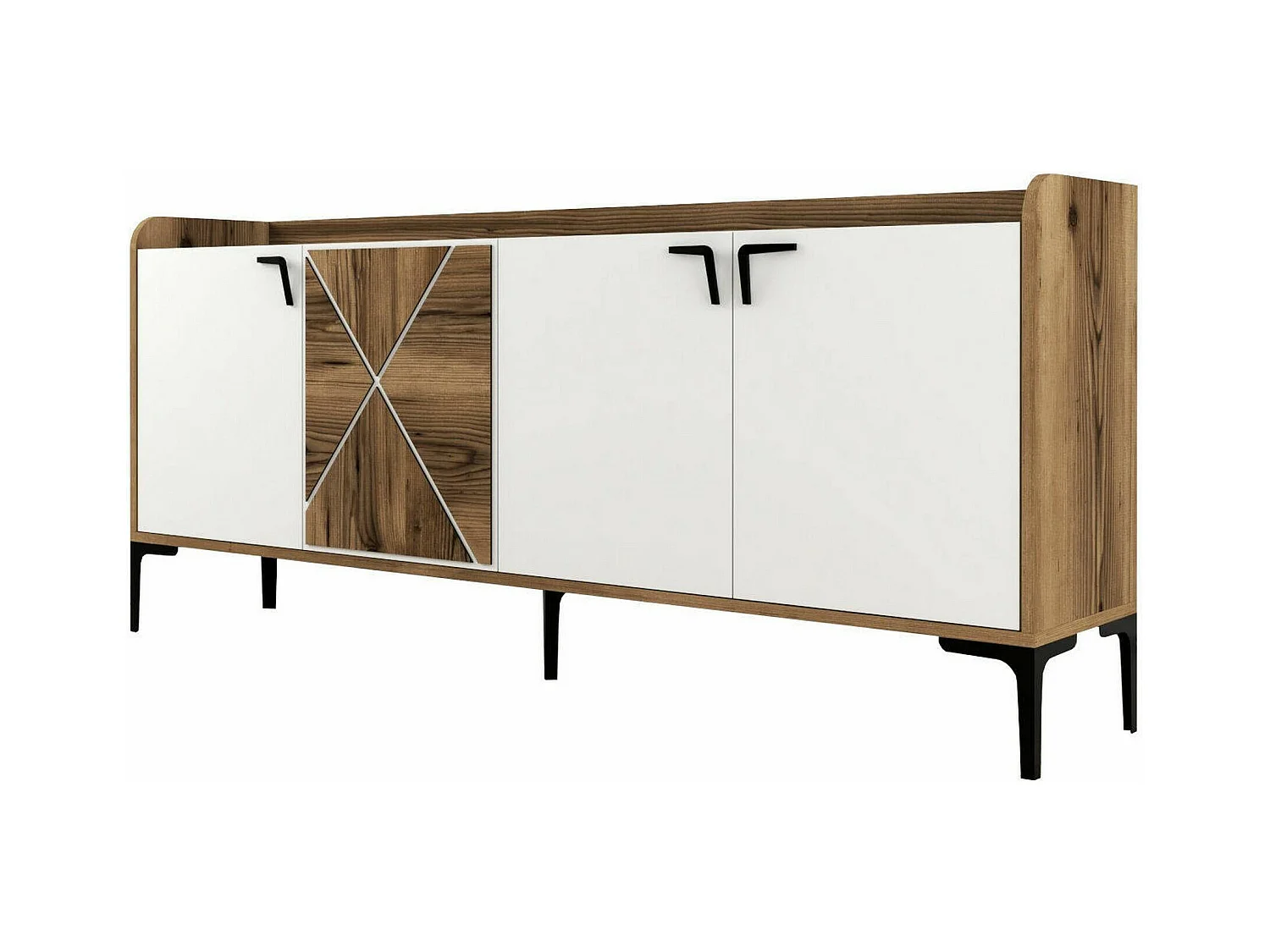 Meuble TV Deneb, Buffet de salon, Armoire basse pour TV, Base murale de rangement, 180x35 h78 cm, Noyer et Blanc