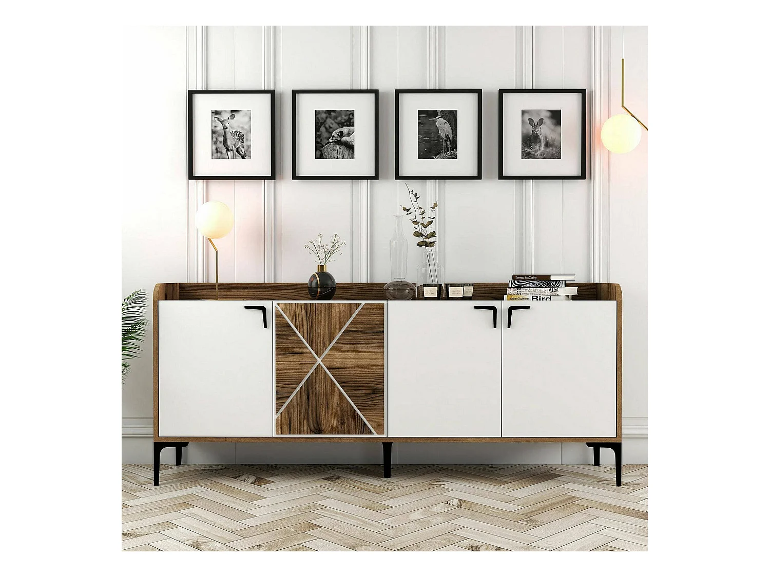 Meuble TV Deneb, Buffet de salon, Armoire basse pour TV, Base murale de rangement, 180x35 h78 cm, Noyer et Blanc