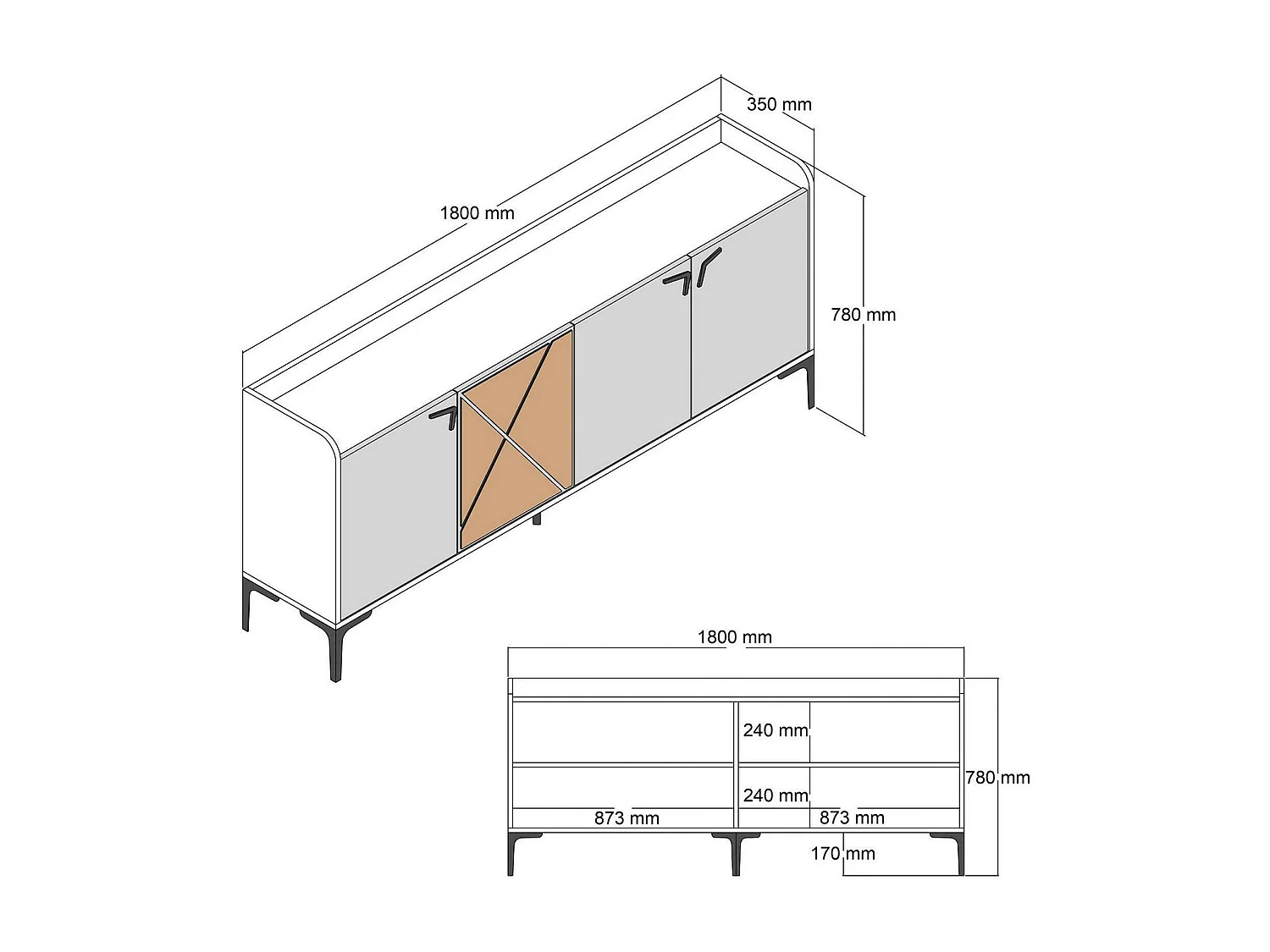 Armário de TV Dilici, Aparador de sala, Armário de TV baixo, Base de parede equipada, 180x35 h78 cm, Nogueira e Branco