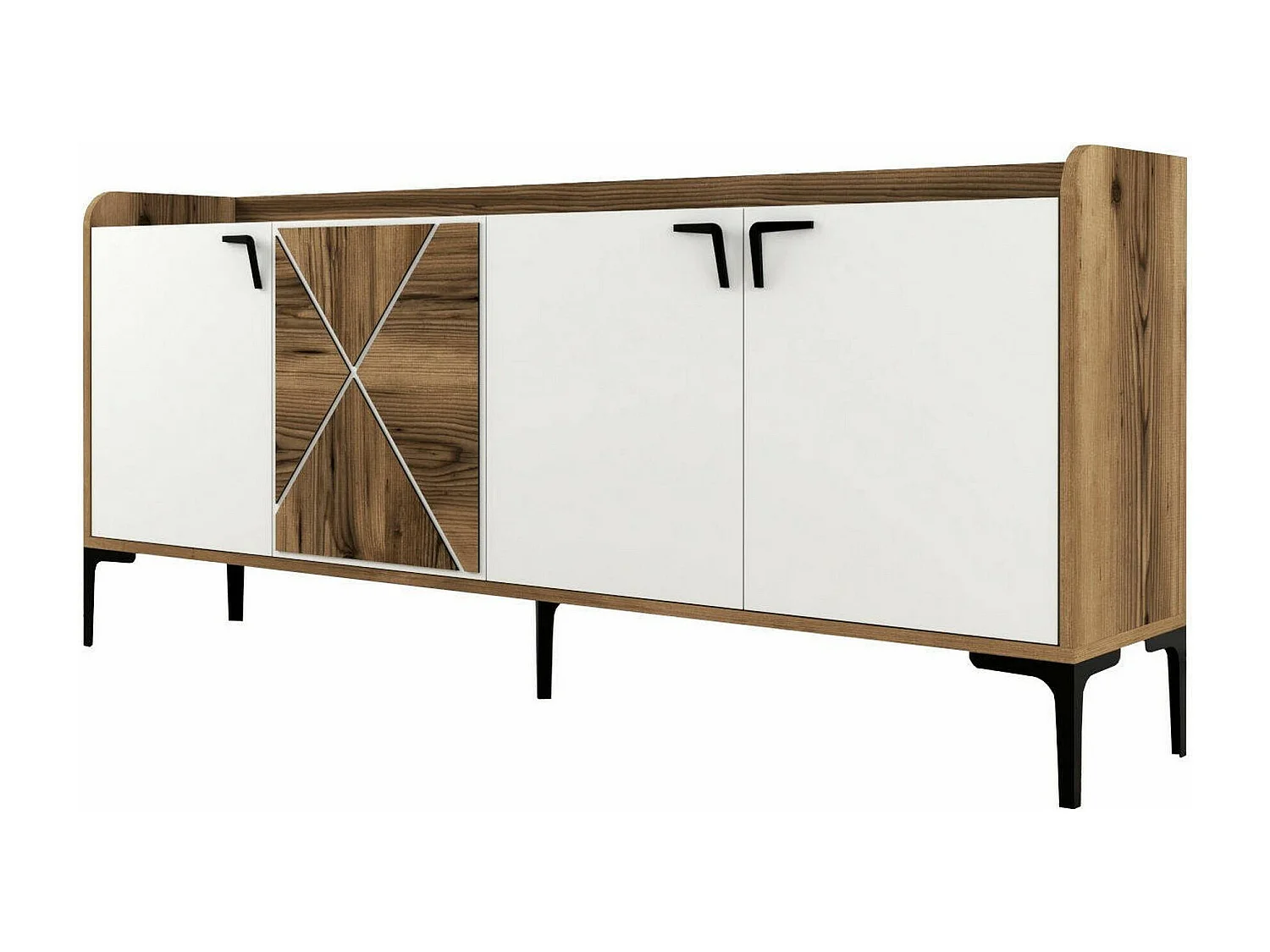 Meuble TV Deneb, Buffet de salon, Armoire basse pour TV, Base murale de rangement, 180x35 h78 cm, Noyer et Blanc