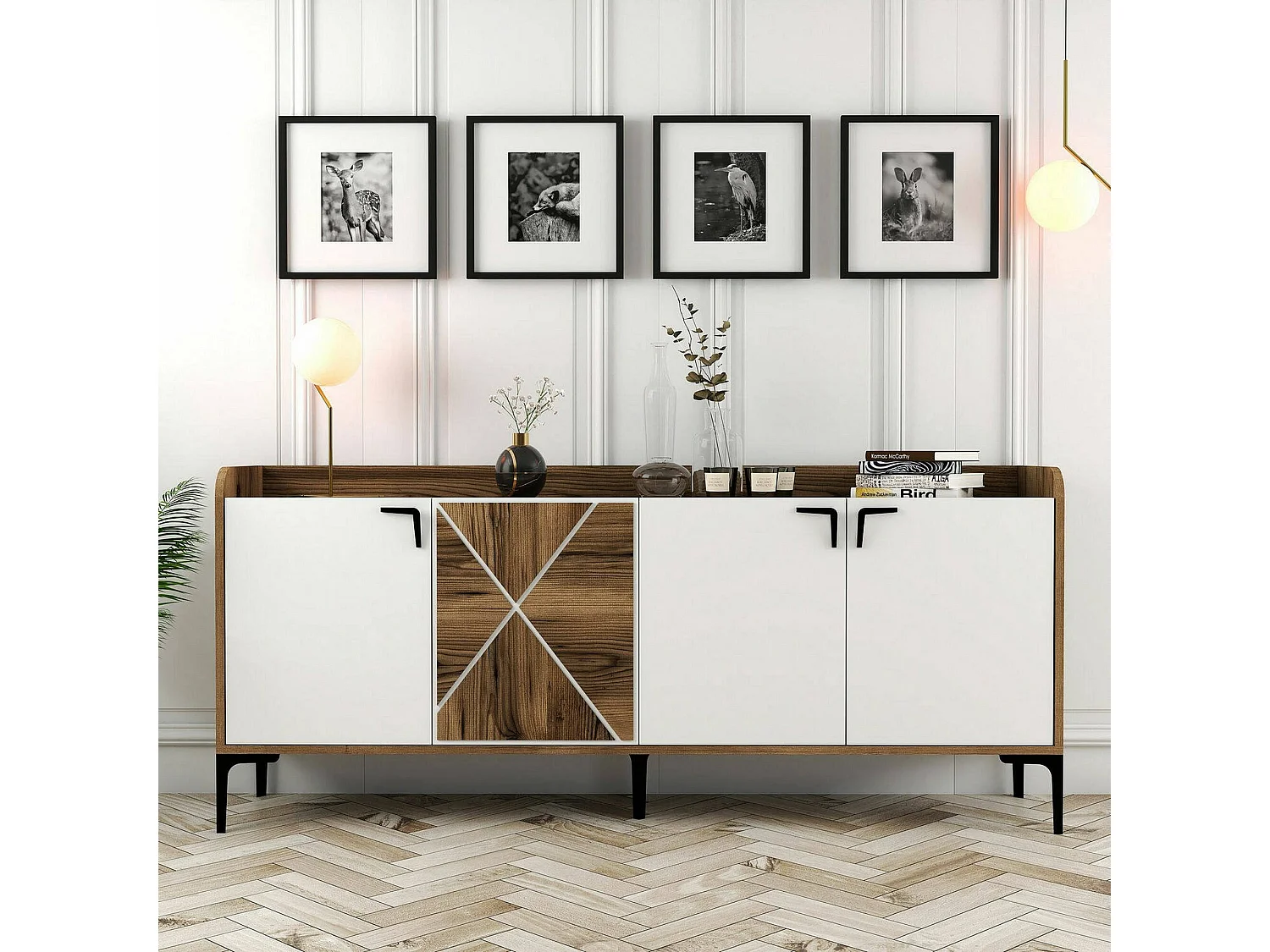 Meuble TV Deneb, Buffet de salon, Armoire basse pour TV, Base murale de rangement, 180x35 h78 cm, Noyer et Blanc
