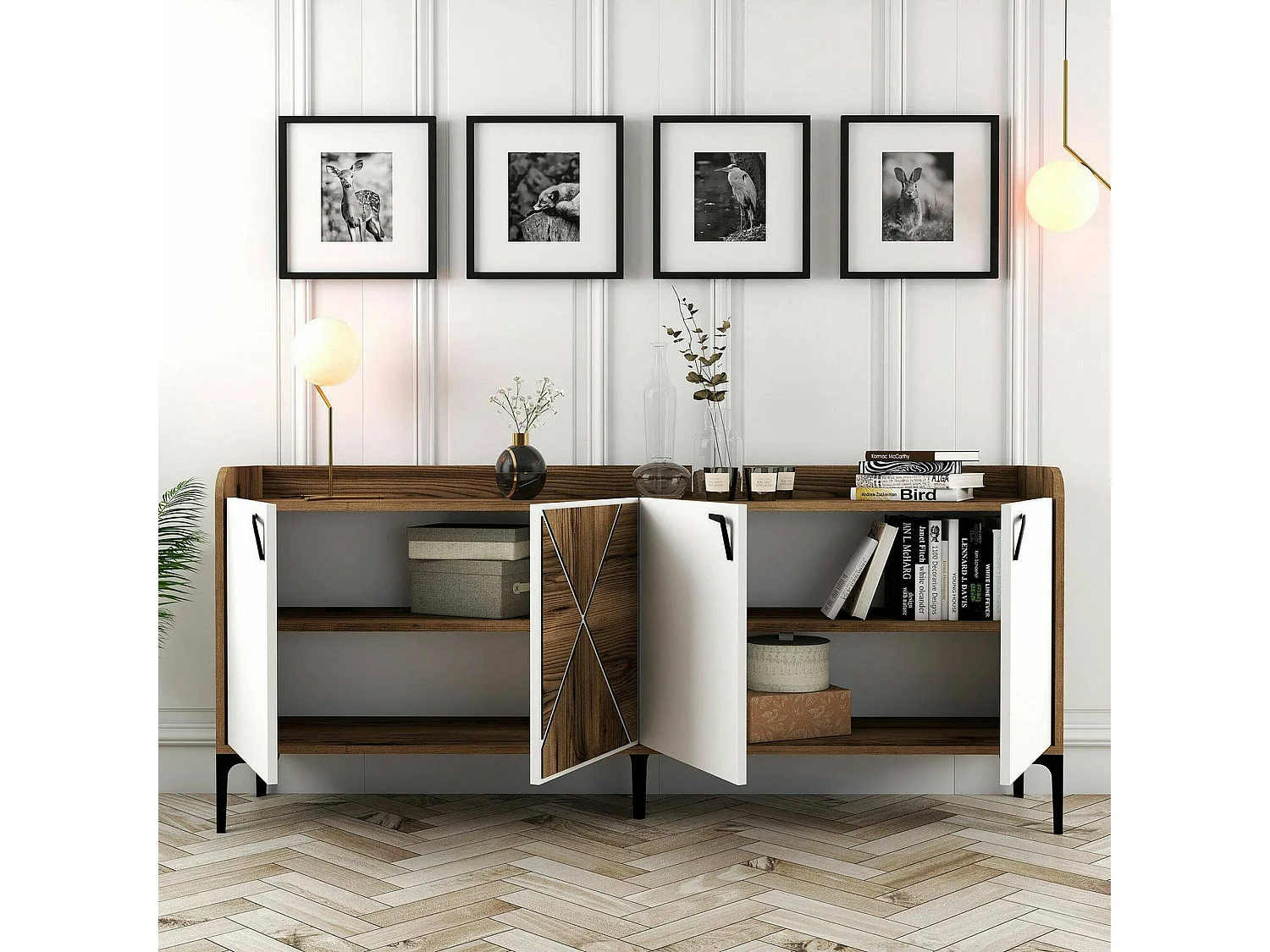 Meuble TV Deneb, Buffet de salon, Armoire basse pour TV, Base murale de rangement, 180x35 h78 cm, Noyer et Blanc