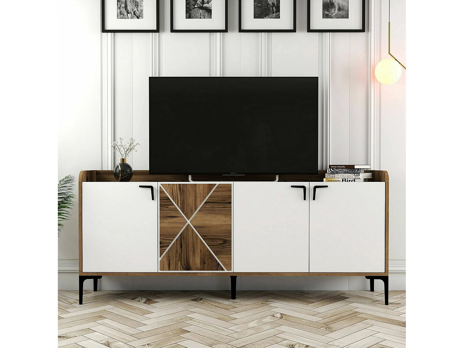 Meuble TV Deneb, Buffet de salon, Armoire basse pour TV, Base murale de rangement, 180x35 h78 cm, Noyer et Blanc