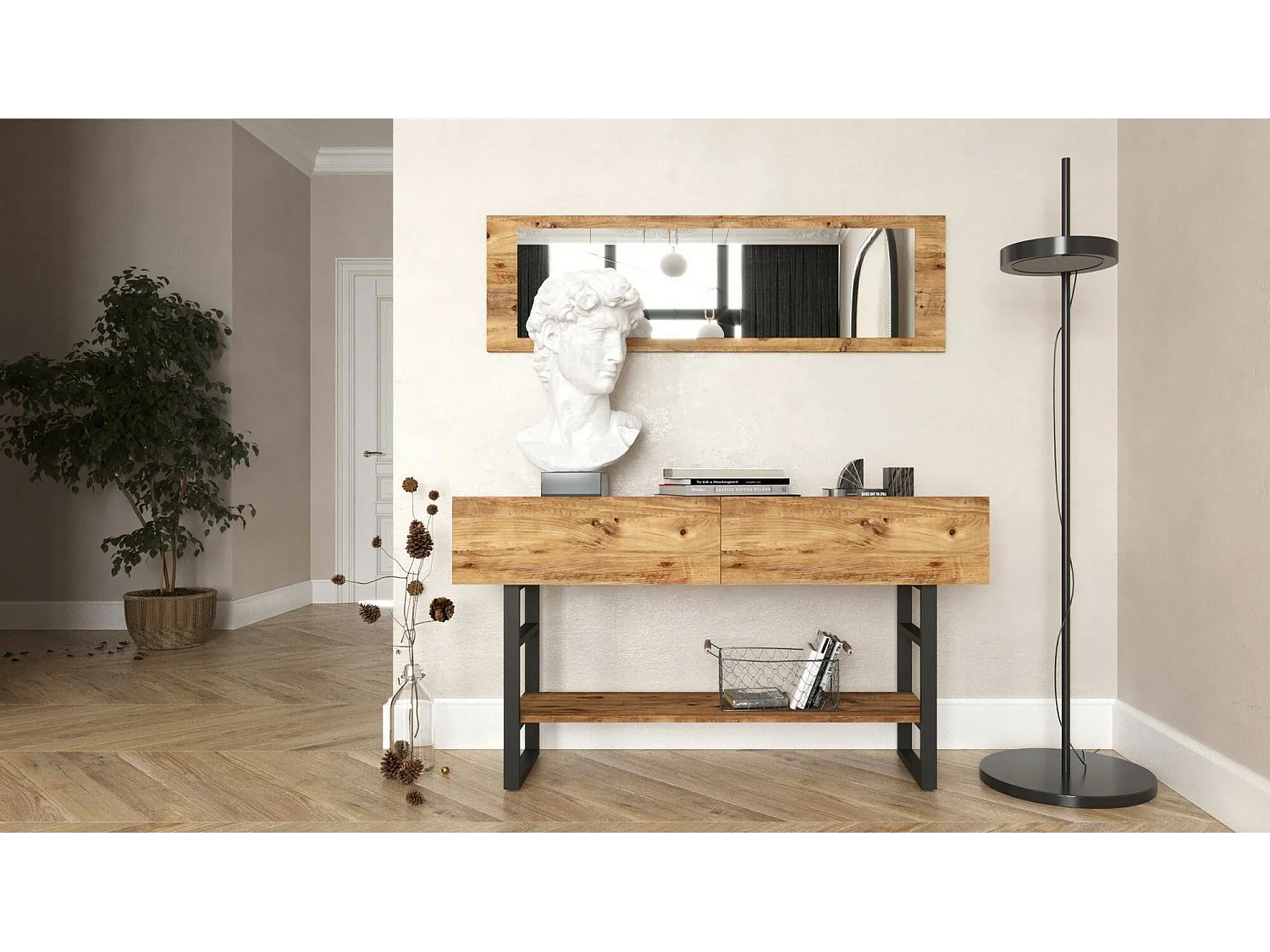 Console Helene, Table polyvalente, Armoire de rangement, Bureau du couloir, 139x43 h76 cm, Chêne