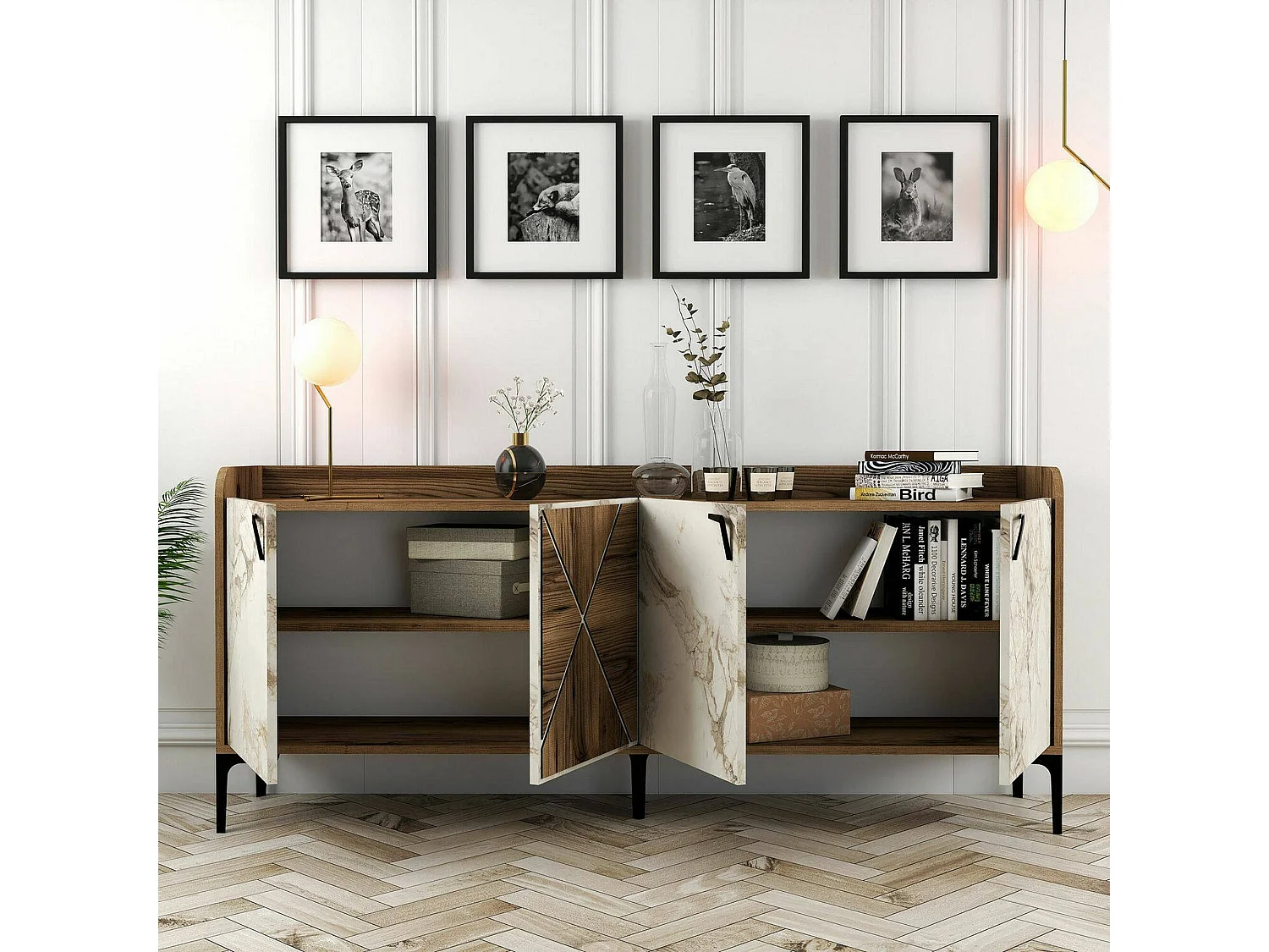 Mueble de televisión Dilici, Aparador de salón, Mueble bajo para TV, Base de pared equipada, 180x35 h78 cm, Nogal y Mármol Blanco