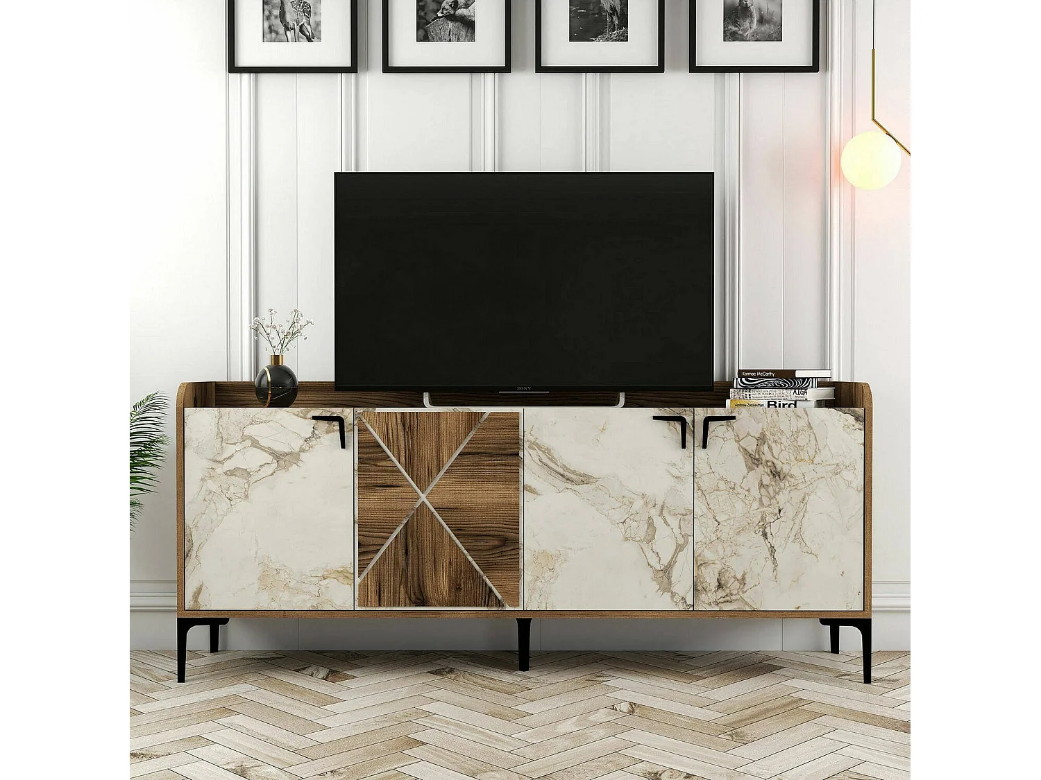 Mueble de televisión Dilici, Aparador de salón, Mueble bajo para TV, Base de pared equipada, 180x35 h78 cm, Nogal y Mármol Blanco