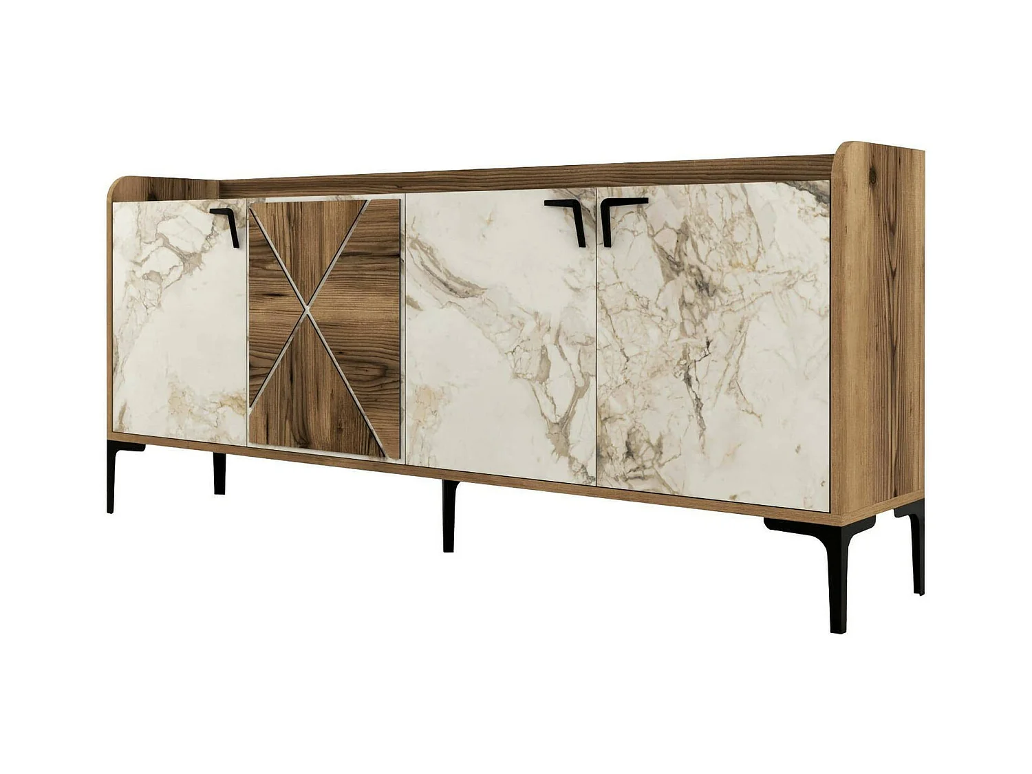 Meuble TV Deneb, Buffet de salon, Armoire basse pour TV, Base murale de rangement, 180x35 h78 cm, Noyer et Marbre Blanc