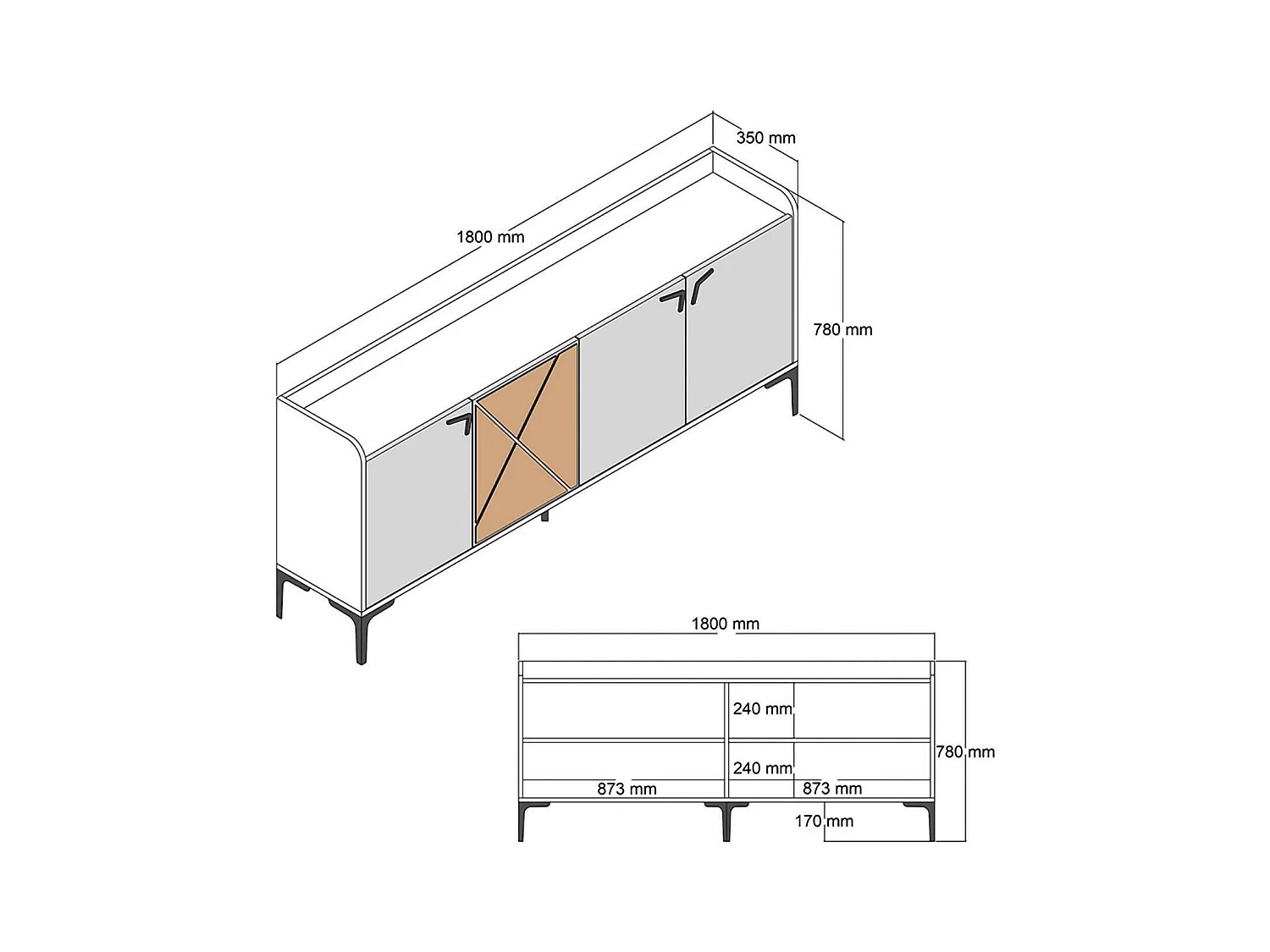Meuble TV Deneb, Buffet de salon, Armoire basse pour TV, Base murale de rangement, 180x35 h78 cm, Noyer et Marbre Blanc