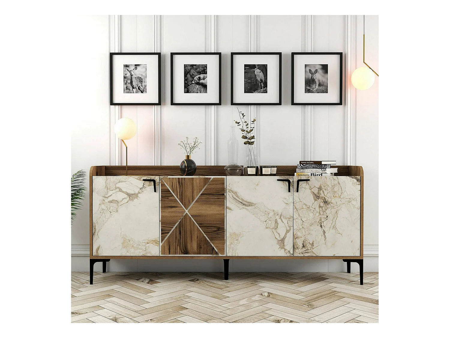 Meuble TV Deneb, Buffet de salon, Armoire basse pour TV, Base murale de rangement, 180x35 h78 cm, Noyer et Marbre Blanc