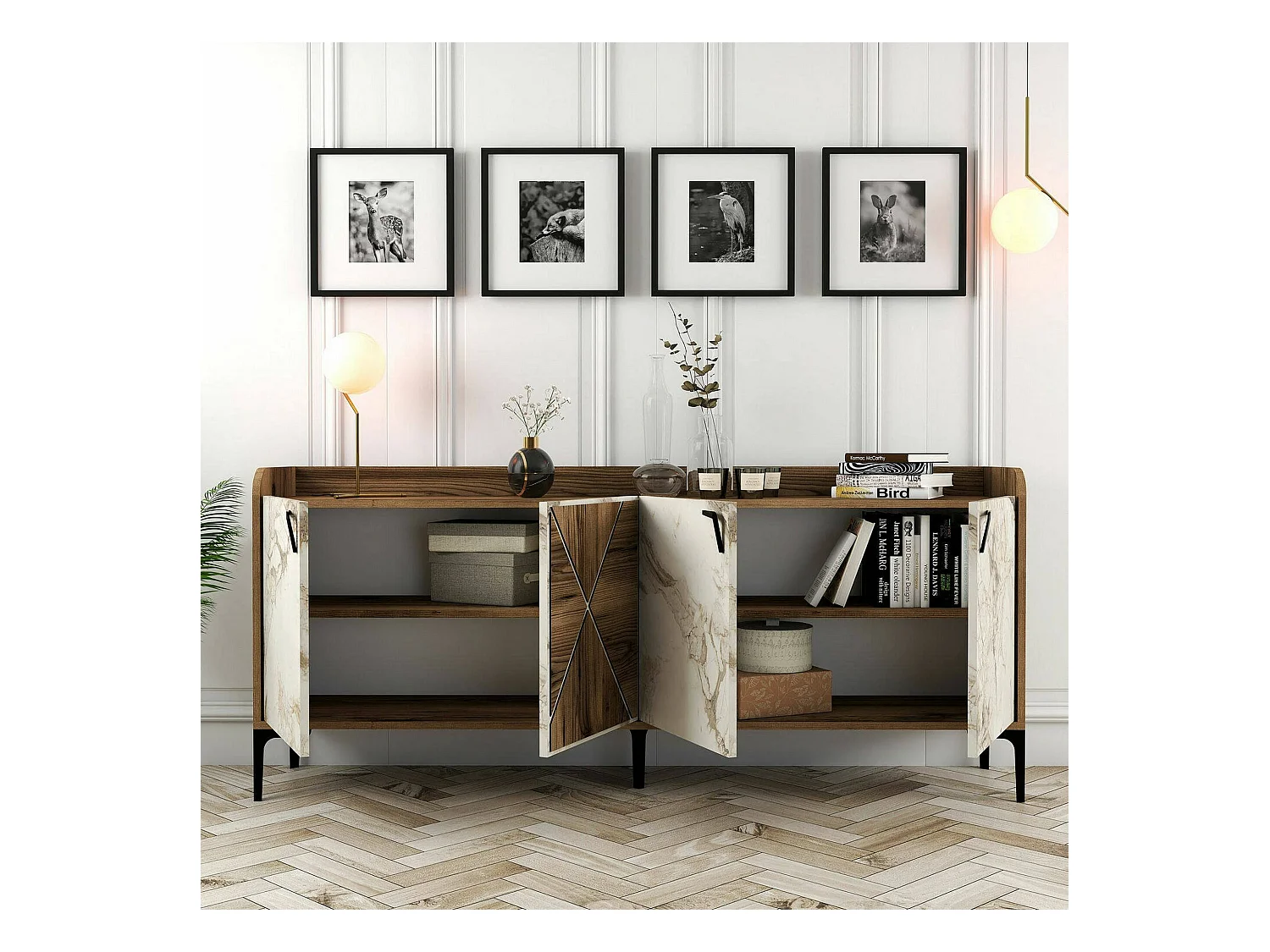Meuble TV Deneb, Buffet de salon, Armoire basse pour TV, Base murale de rangement, 180x35 h78 cm, Noyer et Marbre Blanc