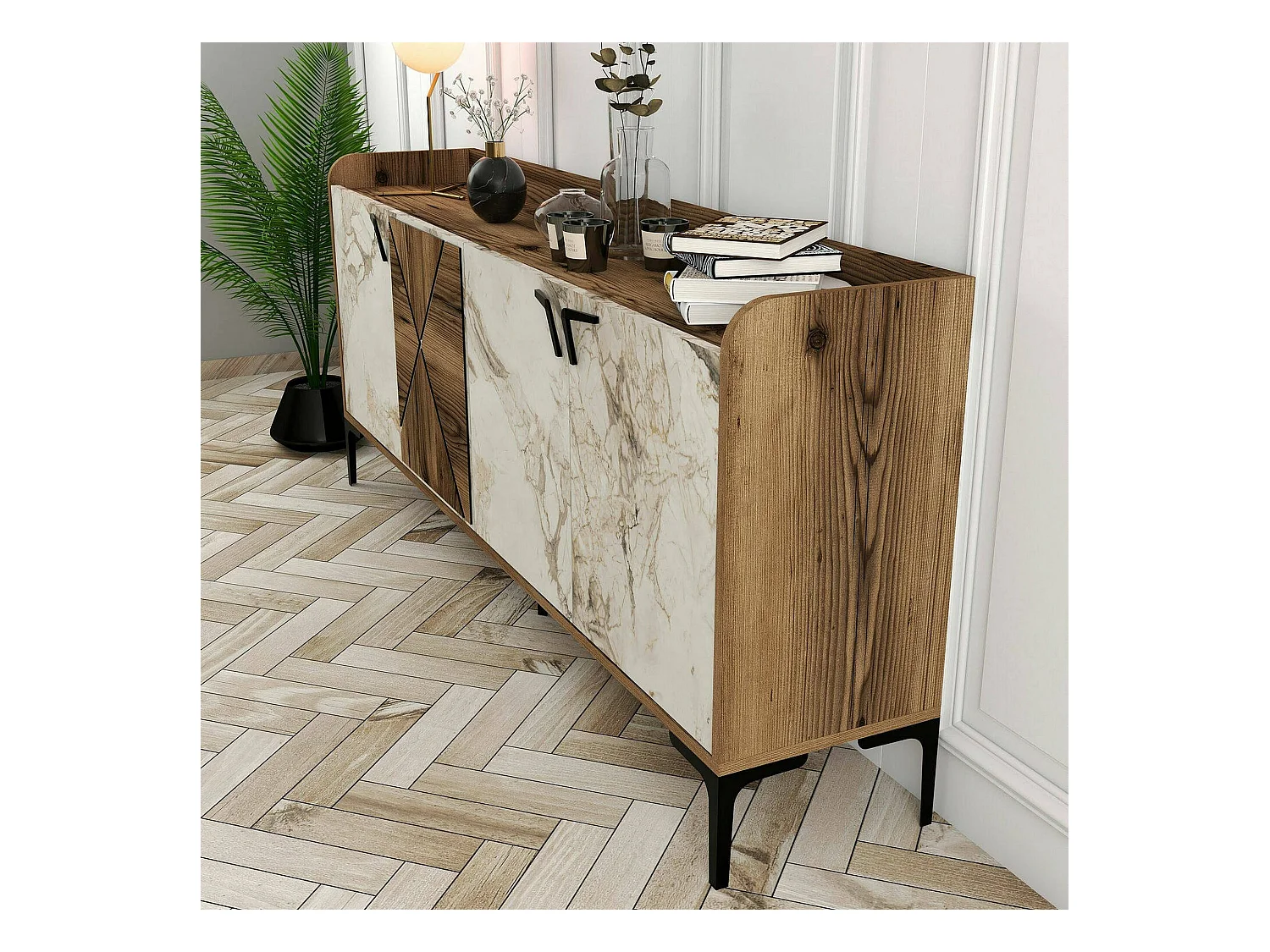 Meuble TV Deneb, Buffet de salon, Armoire basse pour TV, Base murale de rangement, 180x35 h78 cm, Noyer et Marbre Blanc