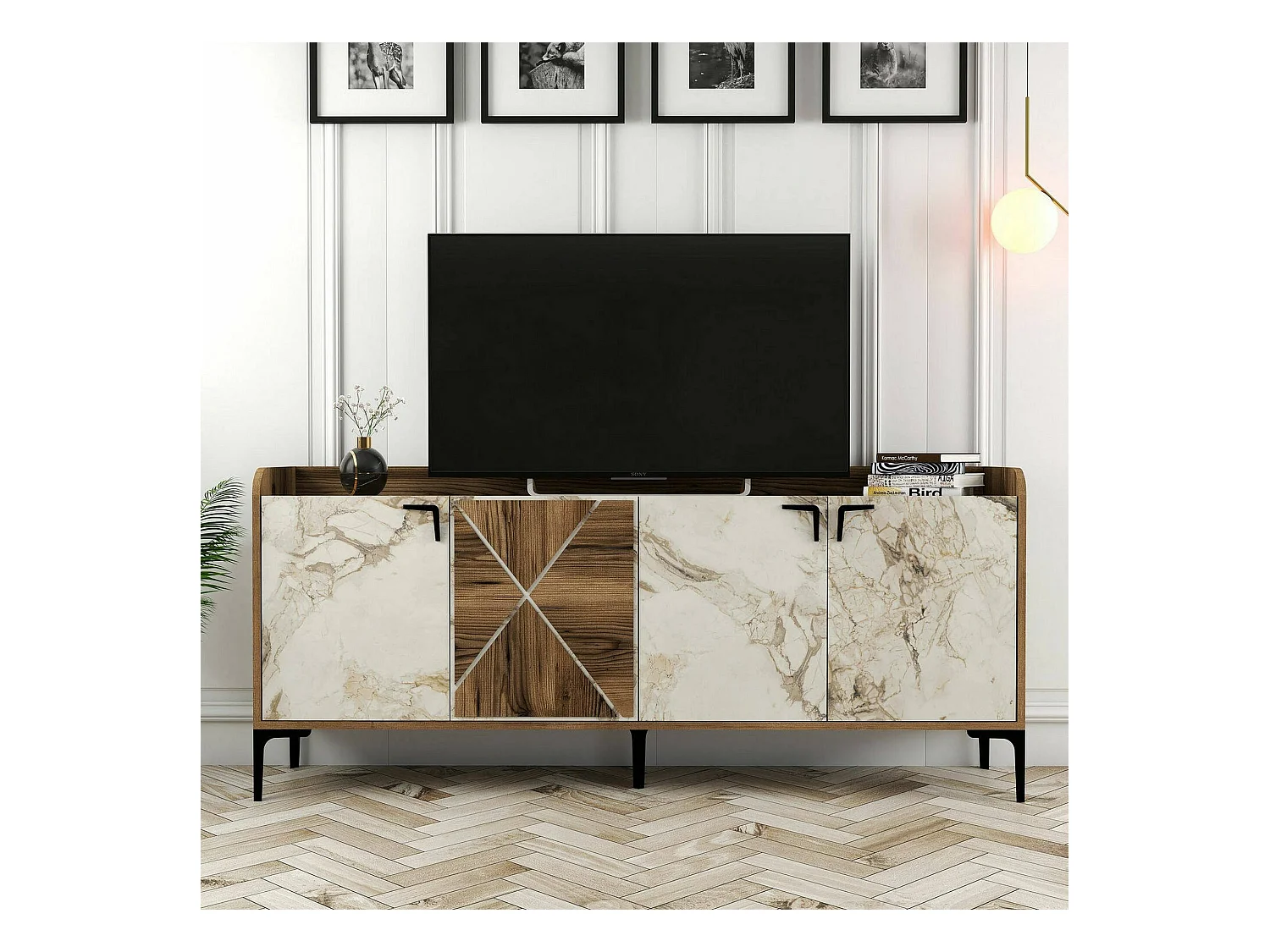 Meuble TV Deneb, Buffet de salon, Armoire basse pour TV, Base murale de rangement, 180x35 h78 cm, Noyer et Marbre Blanc