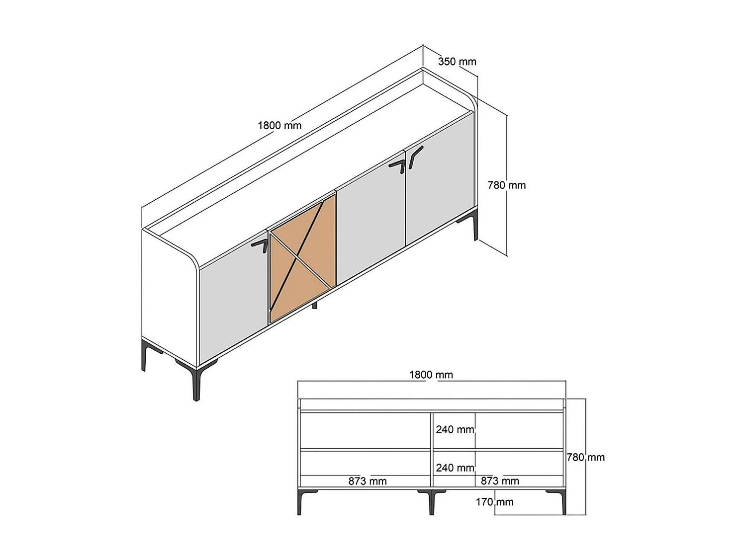 Meuble TV Deneb, Buffet de salon, Armoire basse pour TV, Base murale de rangement, 180x35 h78 cm, Noyer et Marbre Blanc