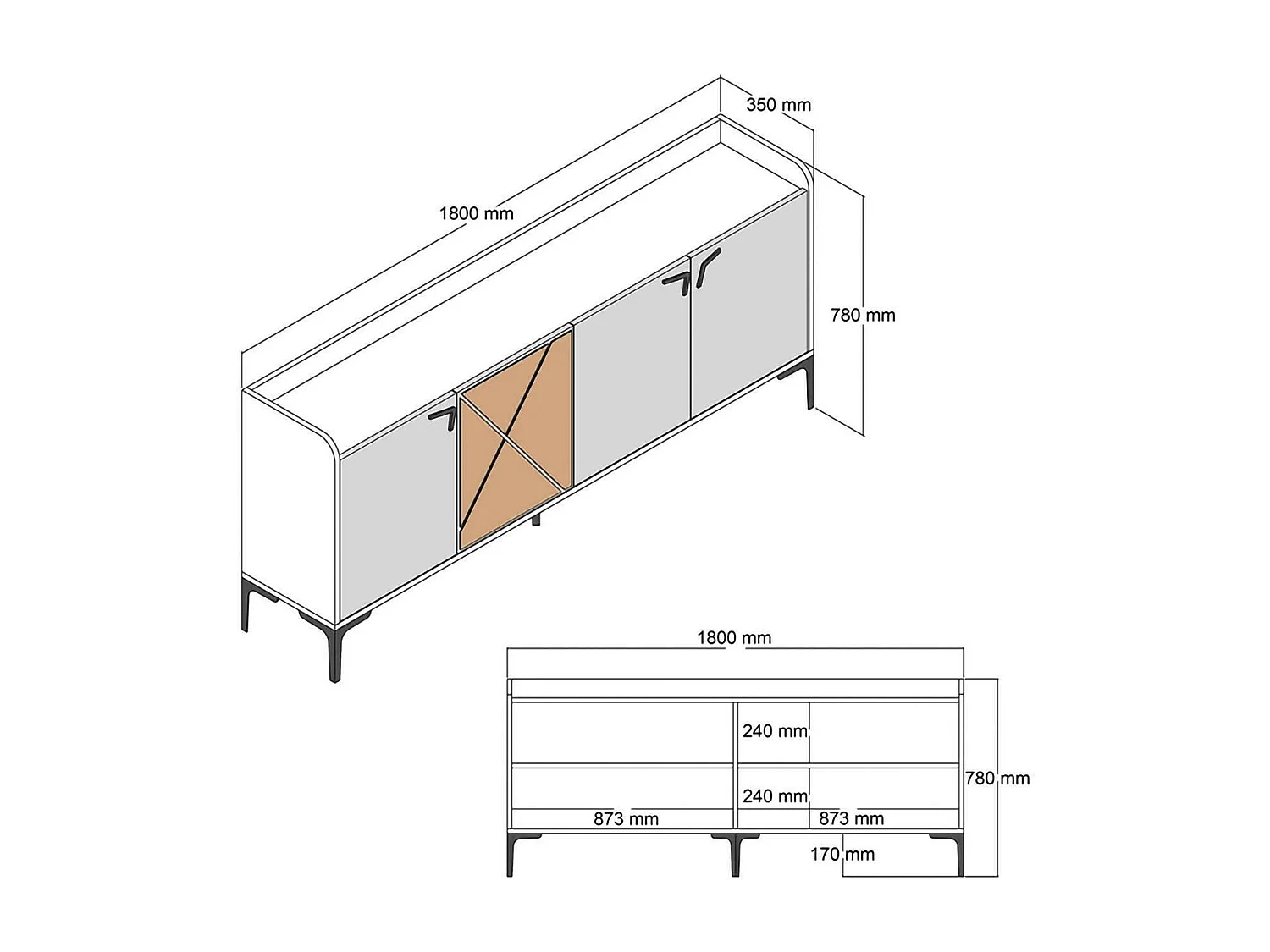 Credenza Also, 2 Ripiani, 35x180x78h cm Bianco Marmo, Madia