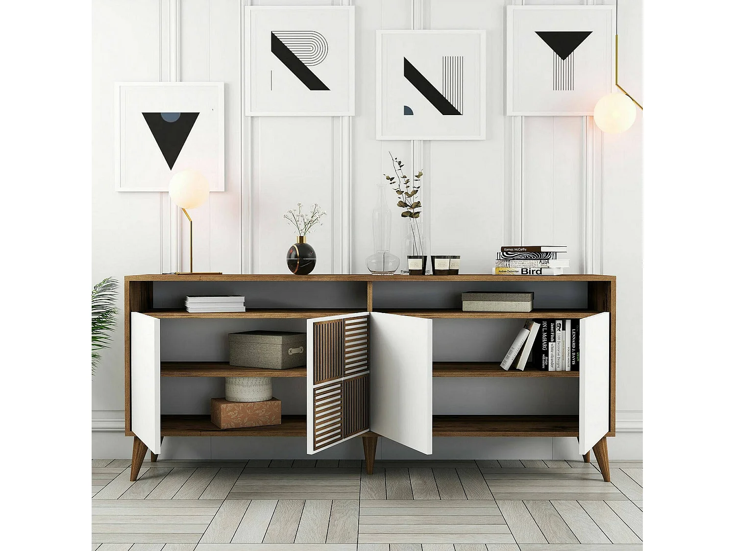 Console Virgo, Table polyvalente, Armoire de rangement, Bureau du couloir, 180x35 h79 cm, Noyer et Blanc