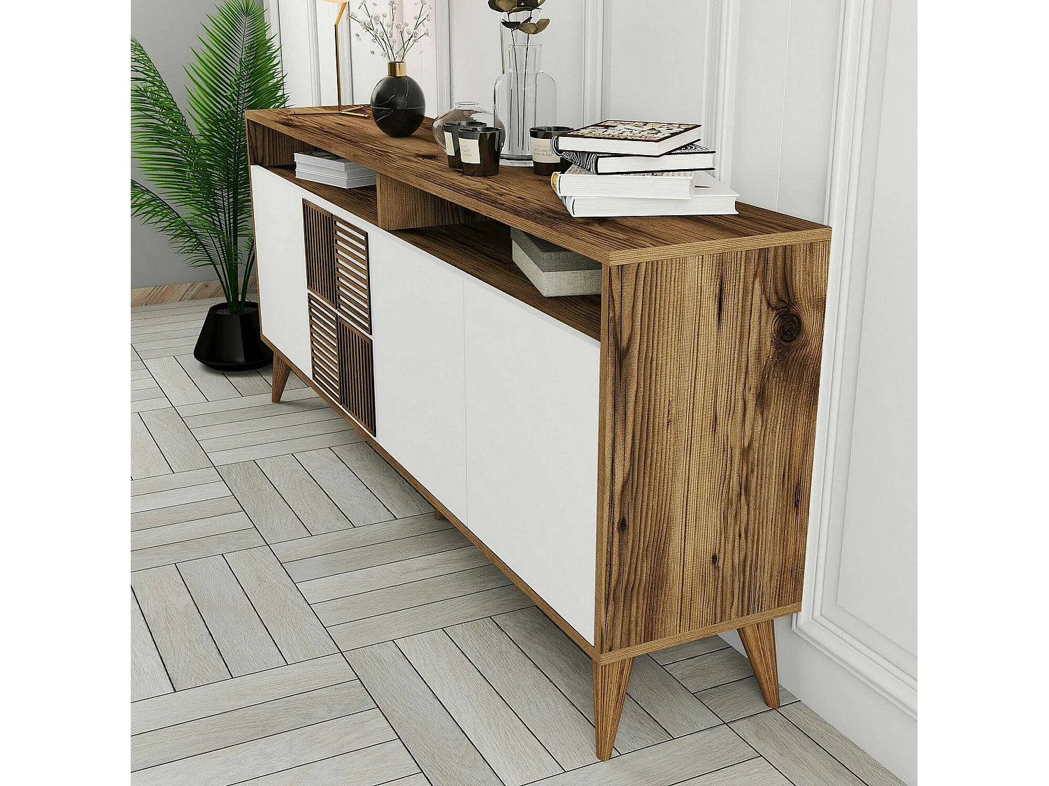 Console Virgo, Table polyvalente, Armoire de rangement, Bureau du couloir, 180x35 h79 cm, Noyer et Blanc