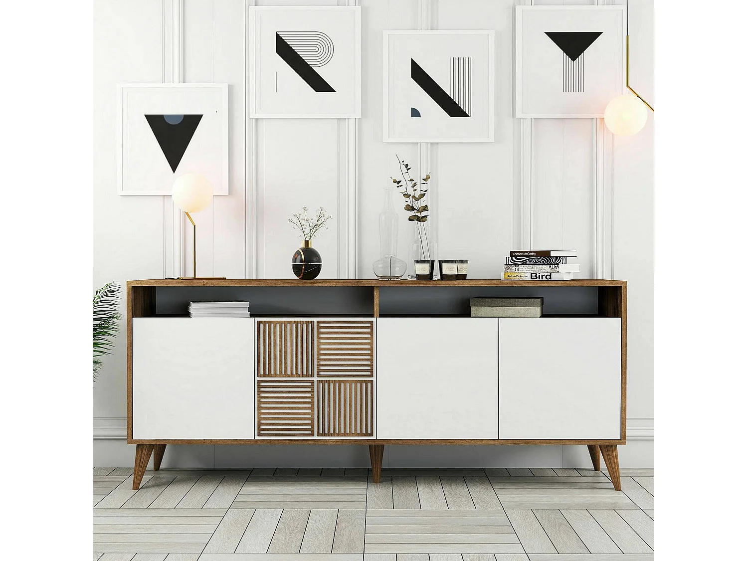 Console Virgo, Table polyvalente, Armoire de rangement, Bureau du couloir, 180x35 h79 cm, Noyer et Blanc