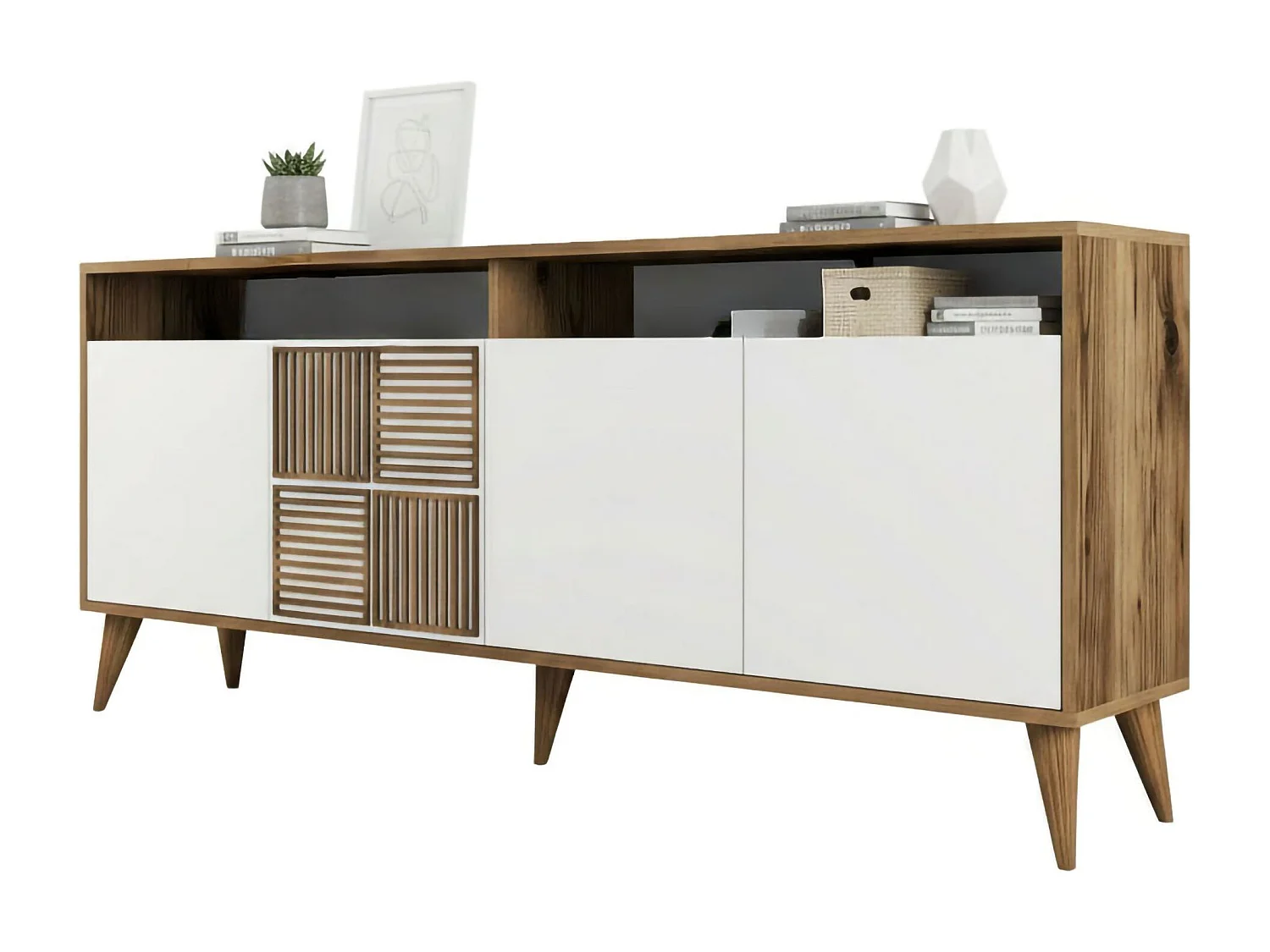 Console Virgo, Table polyvalente, Armoire de rangement, Bureau du couloir, 180x35 h79 cm, Noyer et Blanc