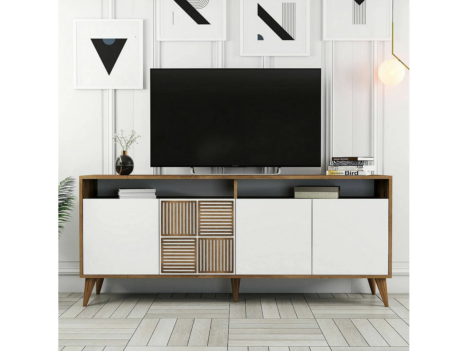 Console Virgo, Table polyvalente, Armoire de rangement, Bureau du couloir, 180x35 h79 cm, Noyer et Blanc