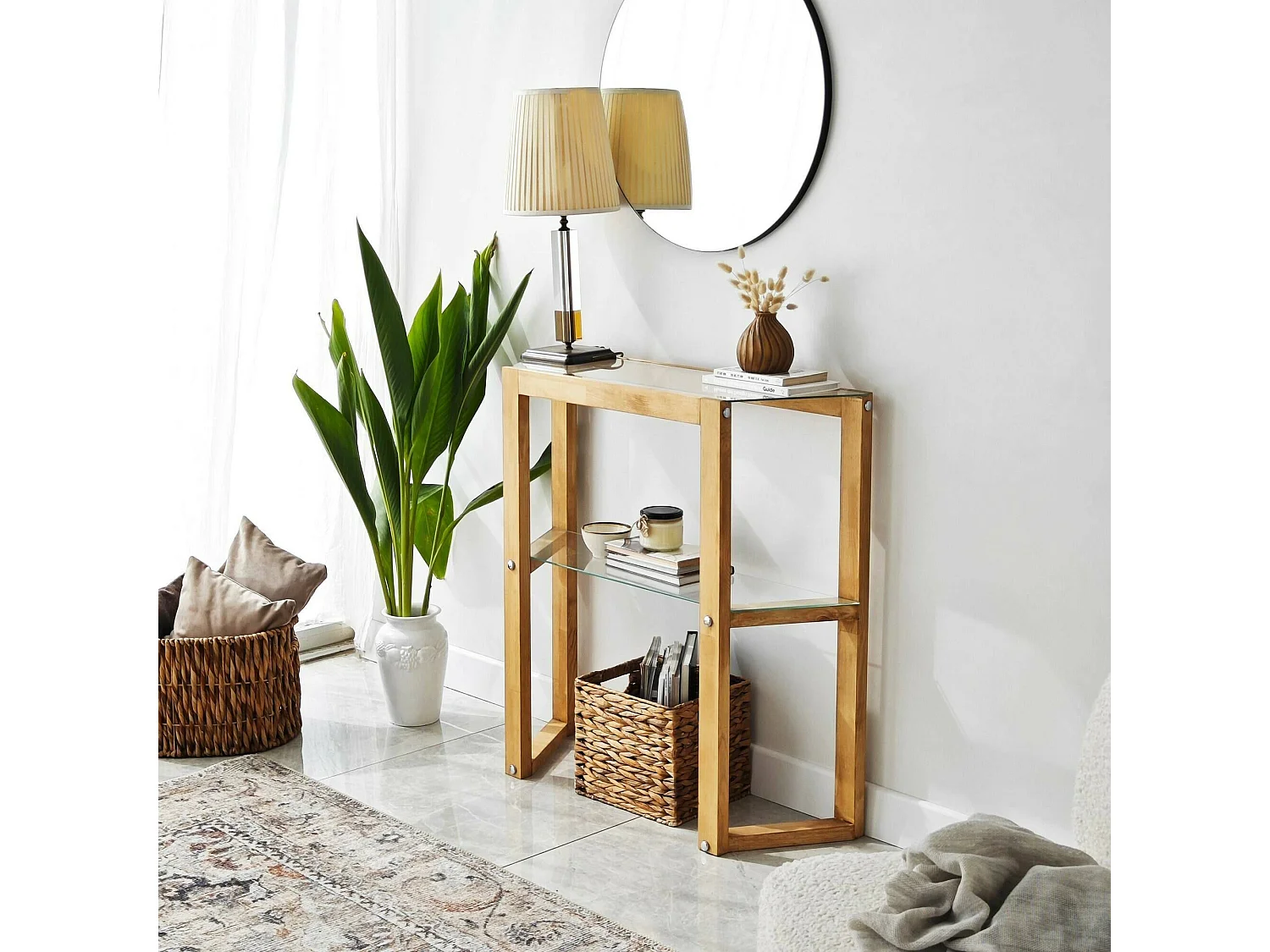 Dlobotk-consol, multifunctionele tafel, bijzetmeubel, gangtafel, 85x31h85 cm, eik