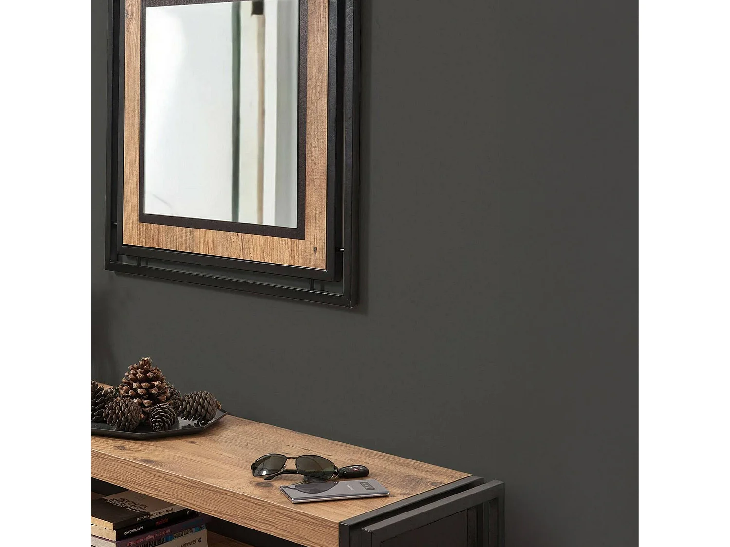 Konsolentisch Dmazzarr, Tisch, Eingangskonsole, Regal, 140x35 h80 cm, Eiche und Schwarz