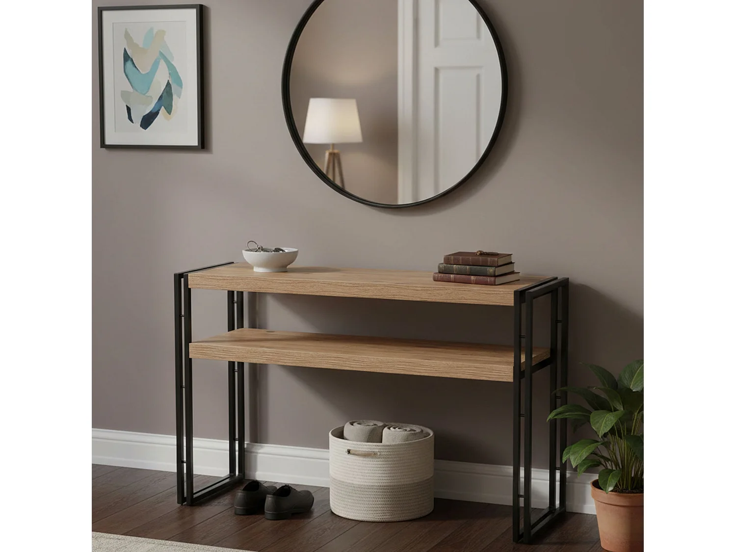 Dmazzarr console, Multifunctionele tafel, Steunkast, Gangbureau, 140x35h80 cm, Eiken en Zwart