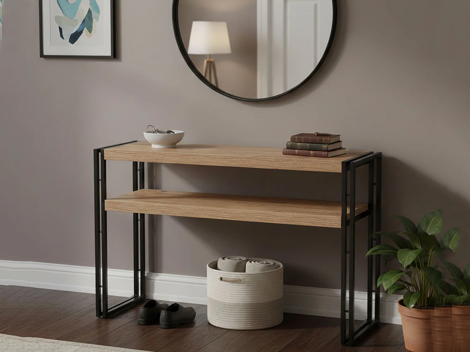 Consola Dmazzarr, Mesa multiusos, Gabinete de soporte, Escritorio de pasillo, 140x35 h80 cm, Roble y Negro