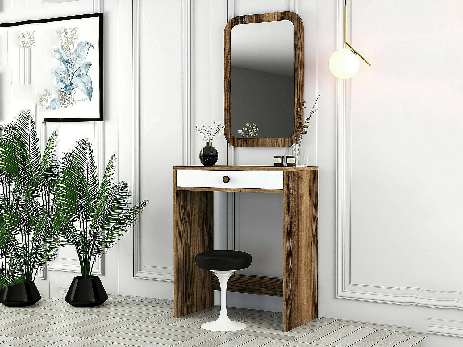 Dplacch console, Multifunctionele tafel, Steunkast, Gangbureau, 70x85h40 cm, Walnoot en Wit