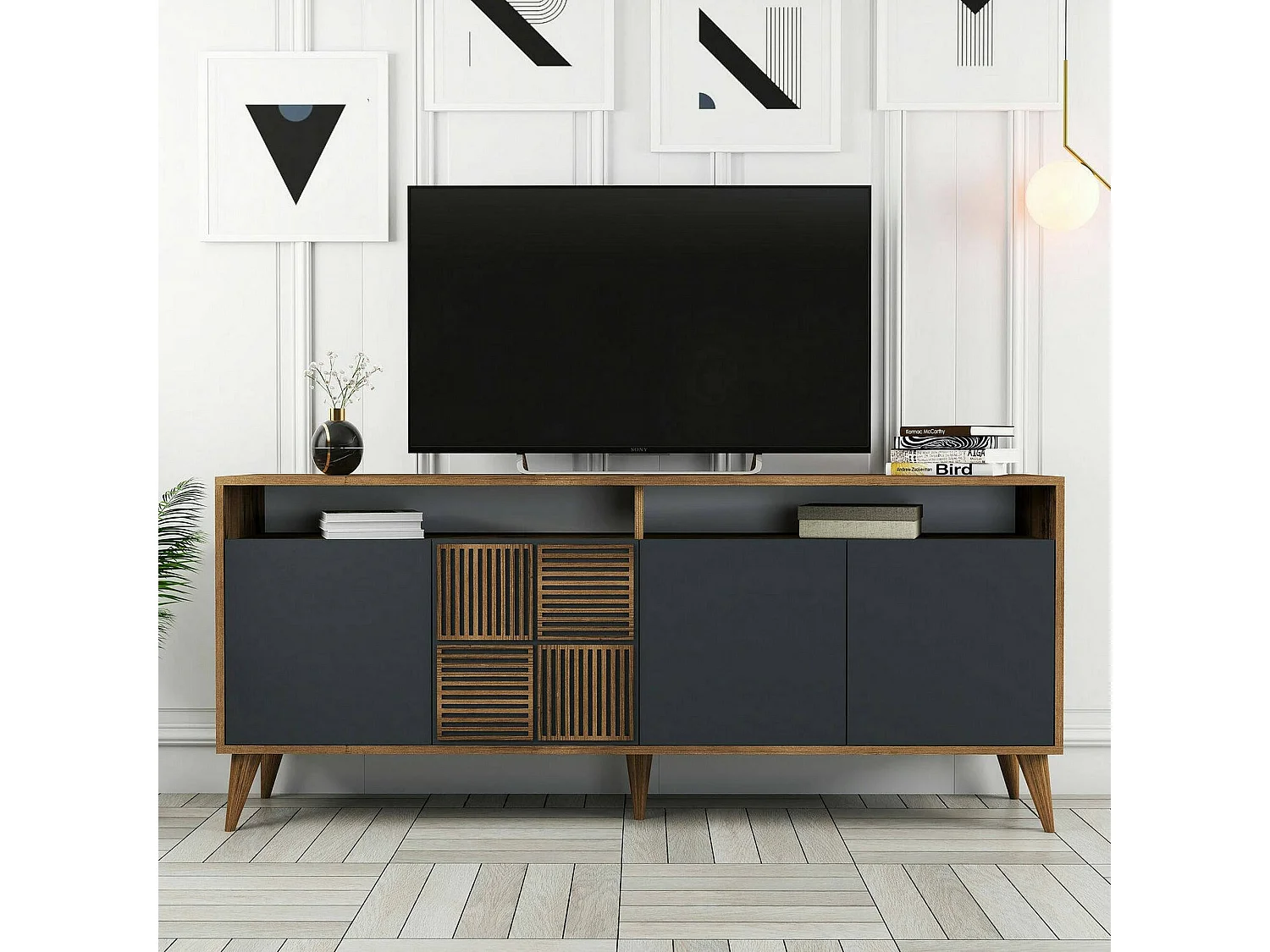 Dpogg tv-meubel, woonkamermeubel, lage tv-meubel, wandvoet, 180x35 h79 cm, walnoot en antraciet