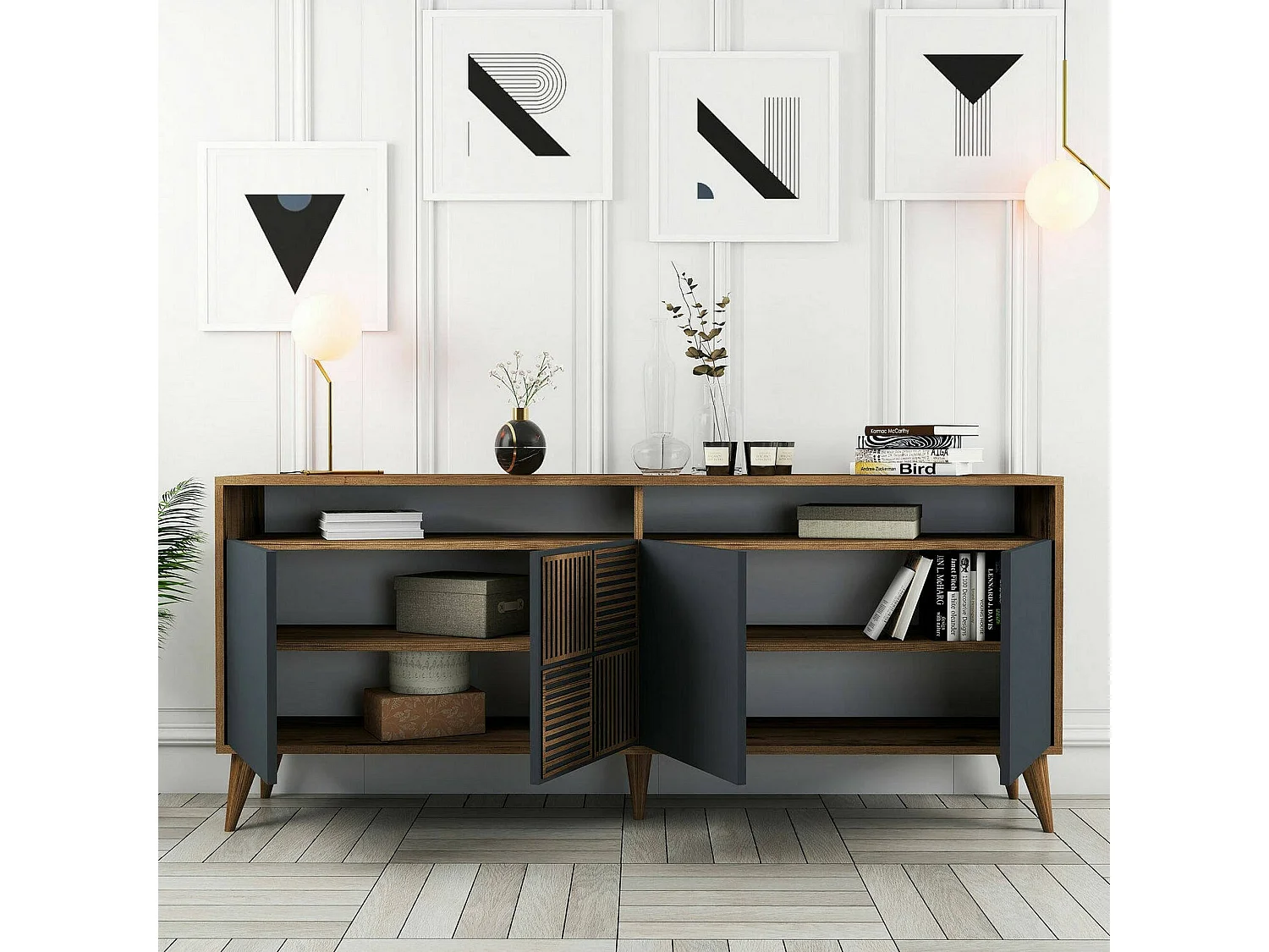 Dpogg tv-meubel, woonkamermeubel, lage tv-meubel, wandvoet, 180x35 h79 cm, walnoot en antraciet